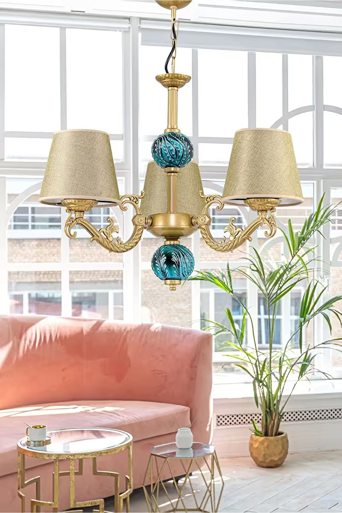 Üç Kollu Zamak Avize Eskitme Yeşil Çinili