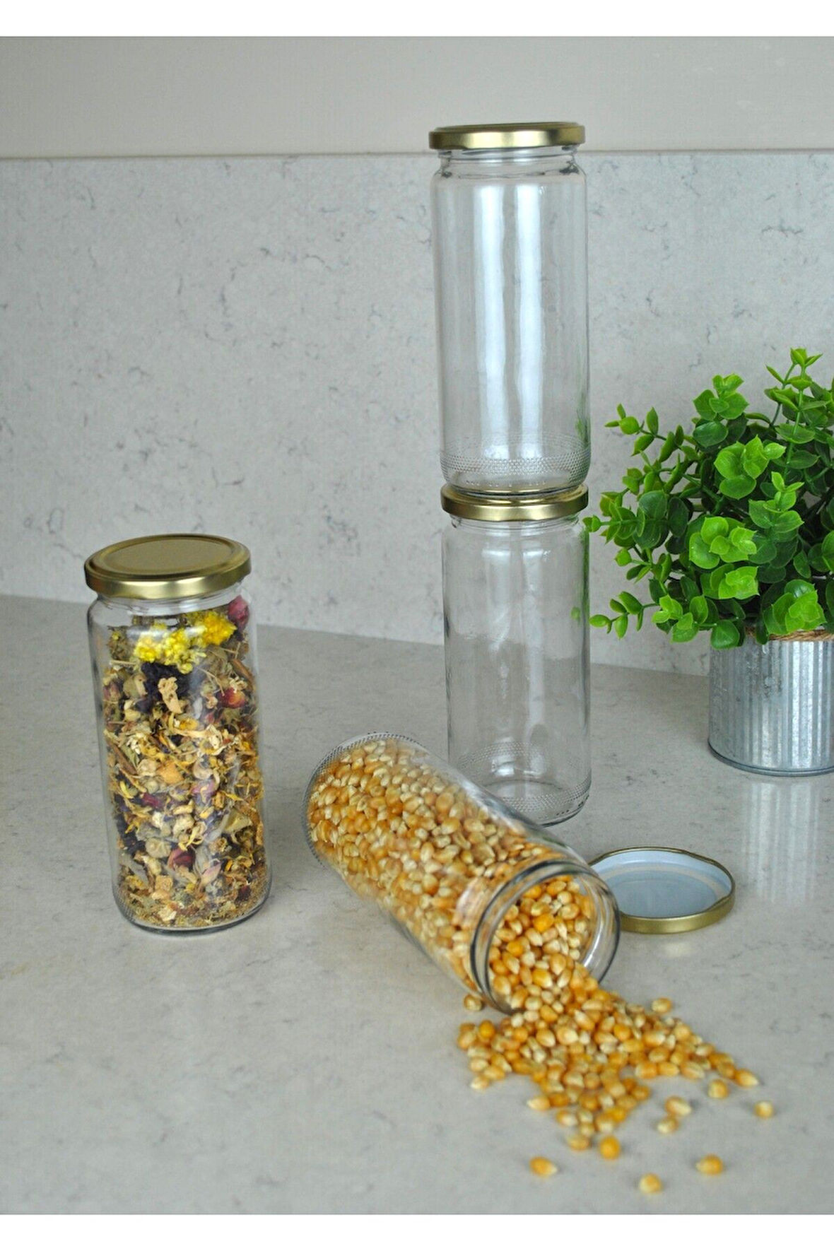 4 Adet Metal Gold Altın Kapaklı Konserve 500 Cc Şeffaf Uzun Cam Kavanoz 500 Ml