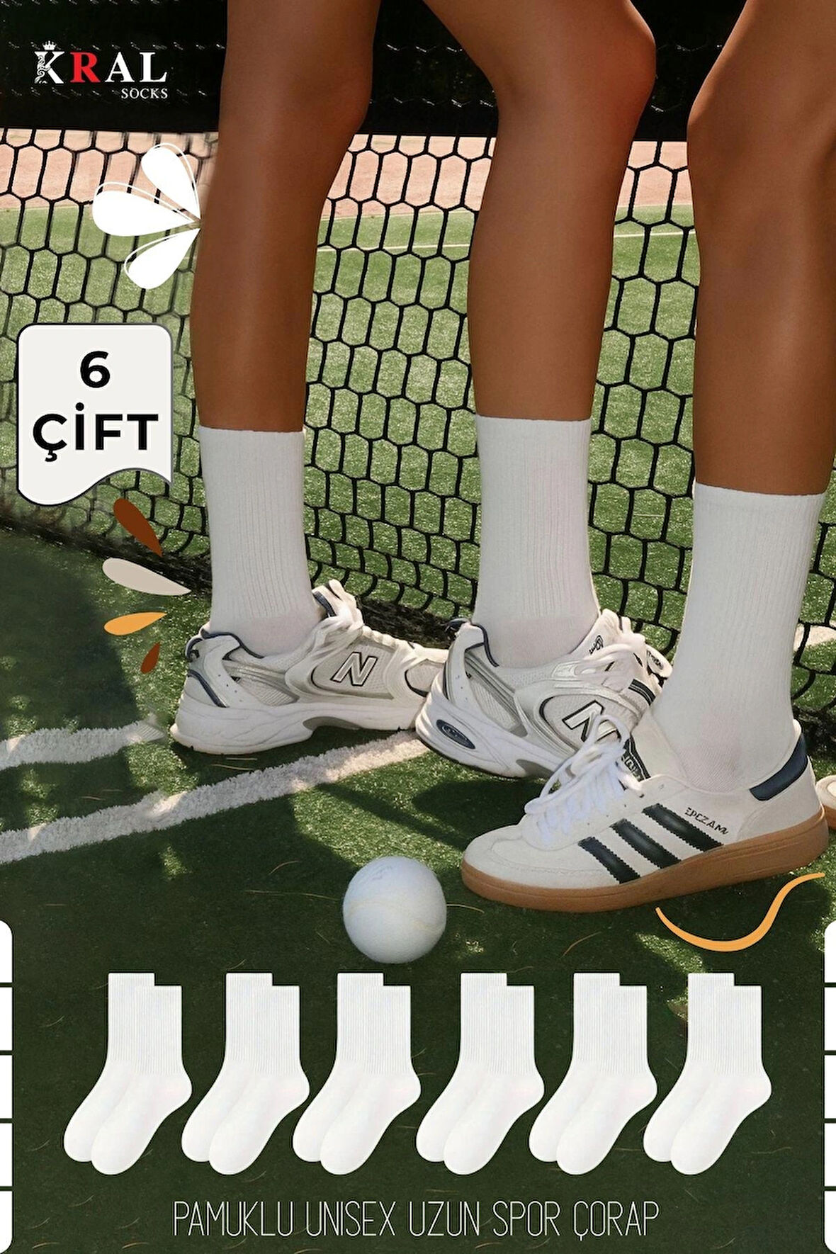 Unisex Beyaz 6 Çift Pamuklu Tenis Spor Uzun Soket Boy Çorap