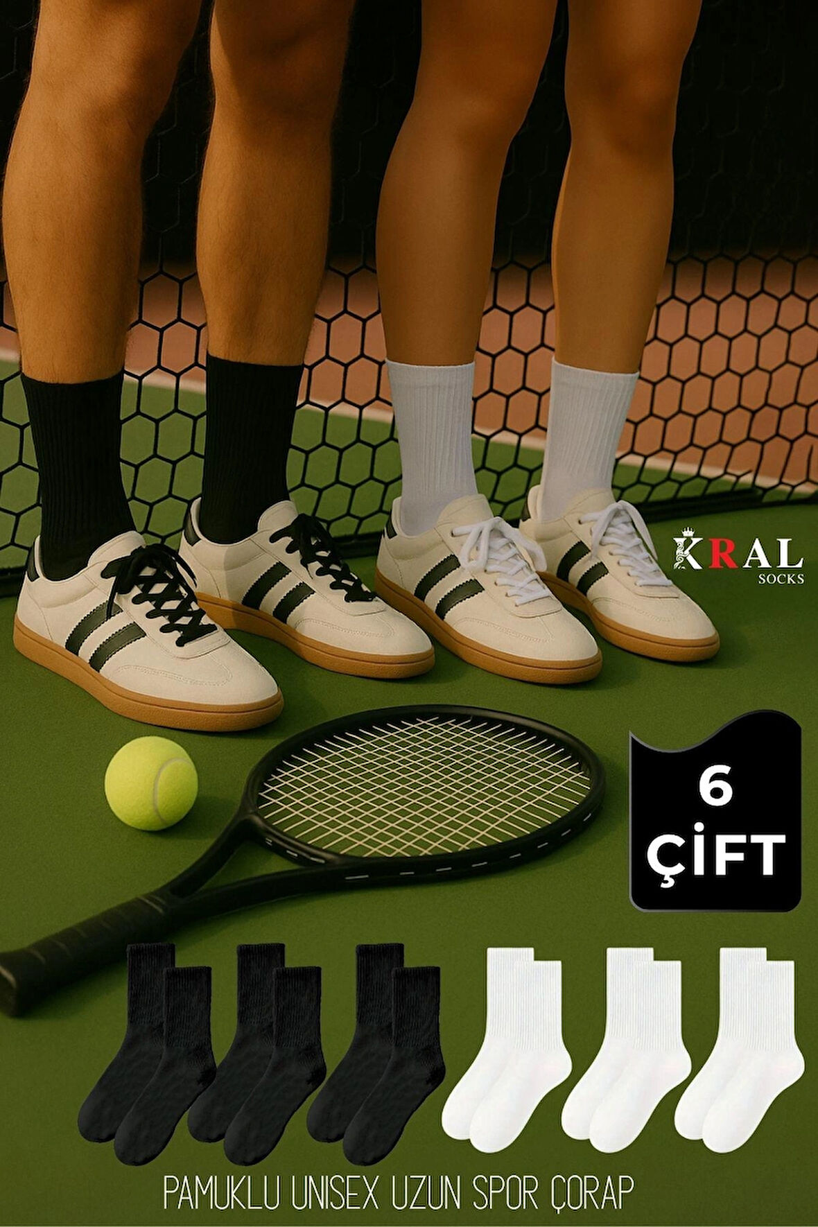 Unisex Siyah-Beyaz 6 Çift Pamuklu Tenis Spor Uzun Soket Boy Çorap