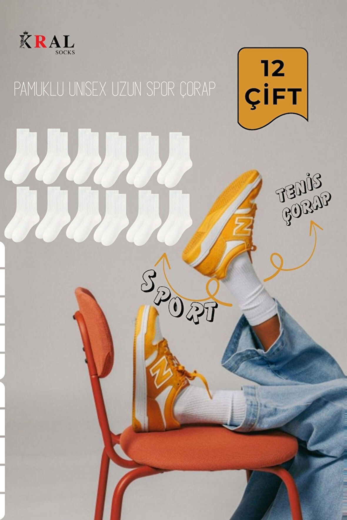 Unisex 12 Çift Pamuklu Tenis Spor Uzun Soket Boy Çorap