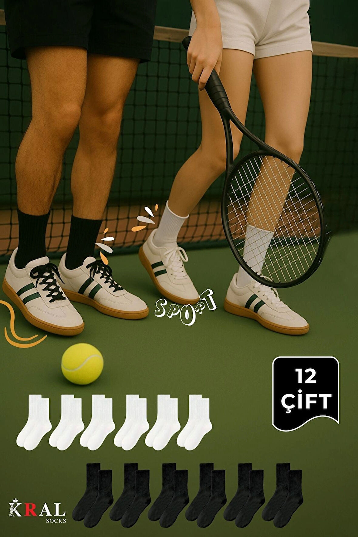Unisex 12 Çift Pamuklu Tenis Spor Uzun Soket Boy Çorap