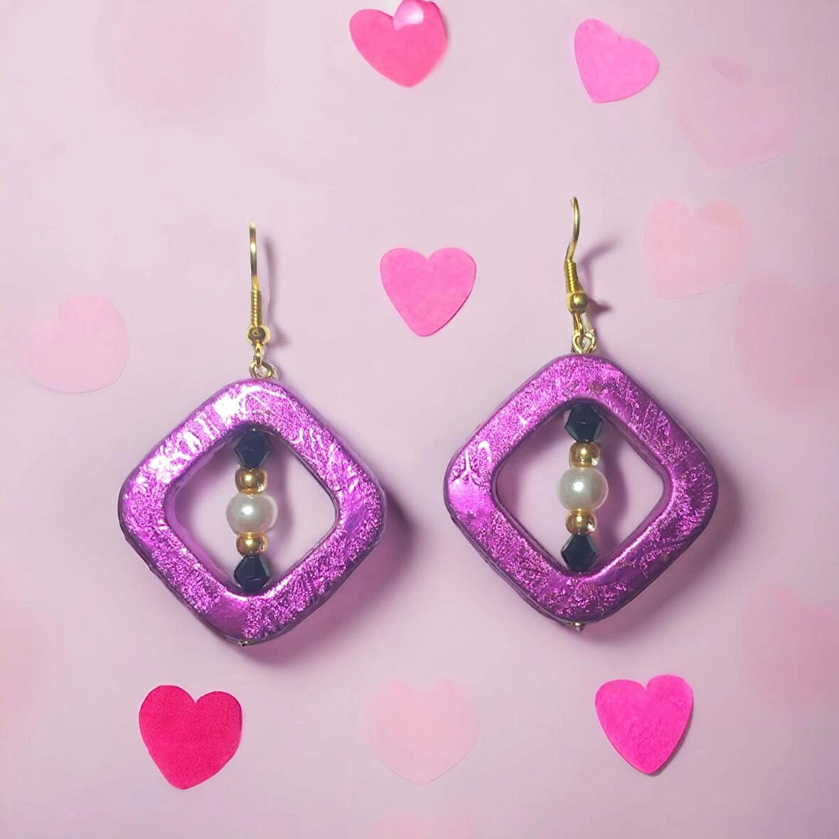 Doğal İnci Boncuk Kristal Boncuklu Aesthetic Soft Vibes Vintage Halka Tasarım Hediyelik Pembe Renk Üçgen Küpe