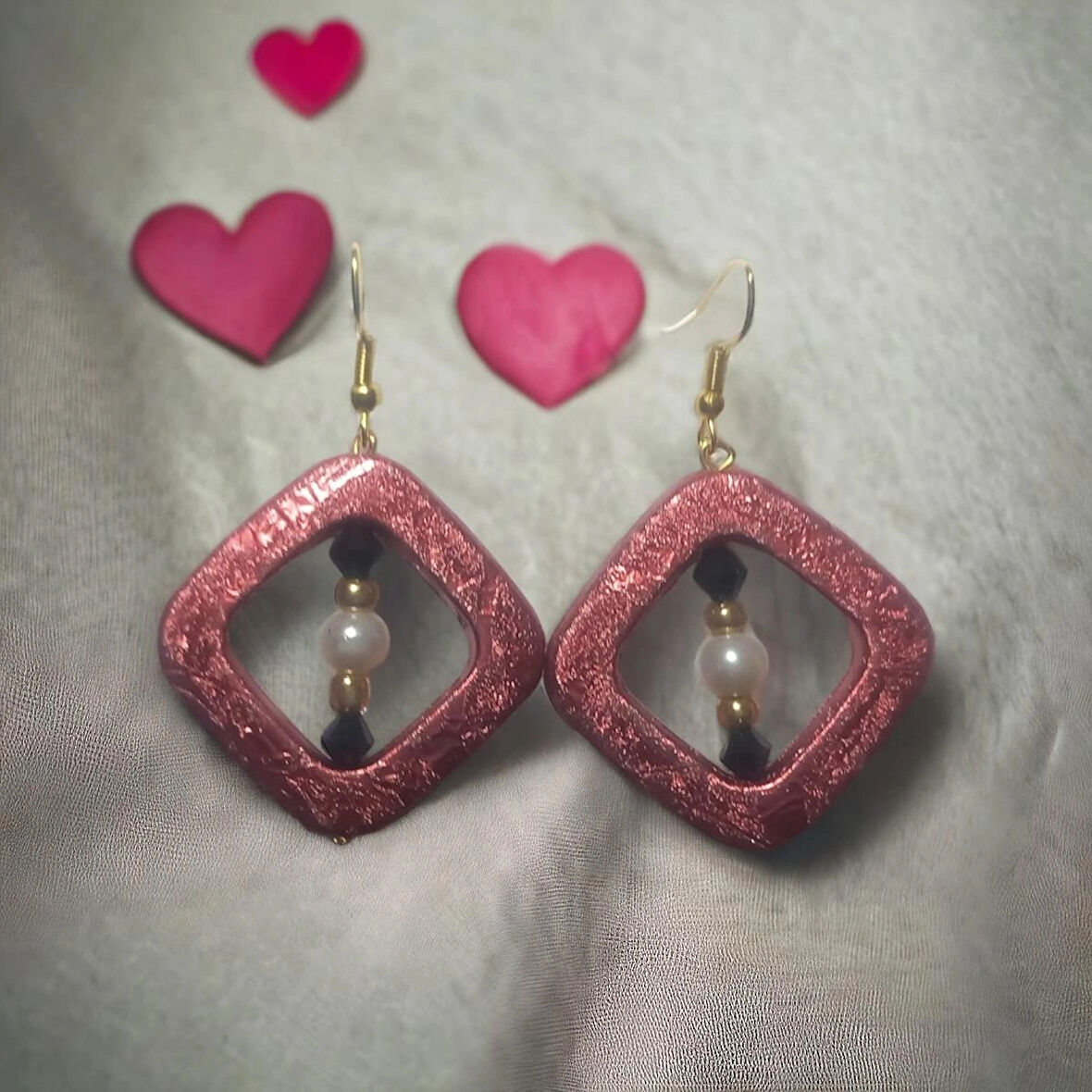 Doğal İnci Boncuk Kristal Boncuklu Aesthetic Soft Vibes Vintage Halka Tasarım Hediyelik Rose Renk Üçgen Küpe