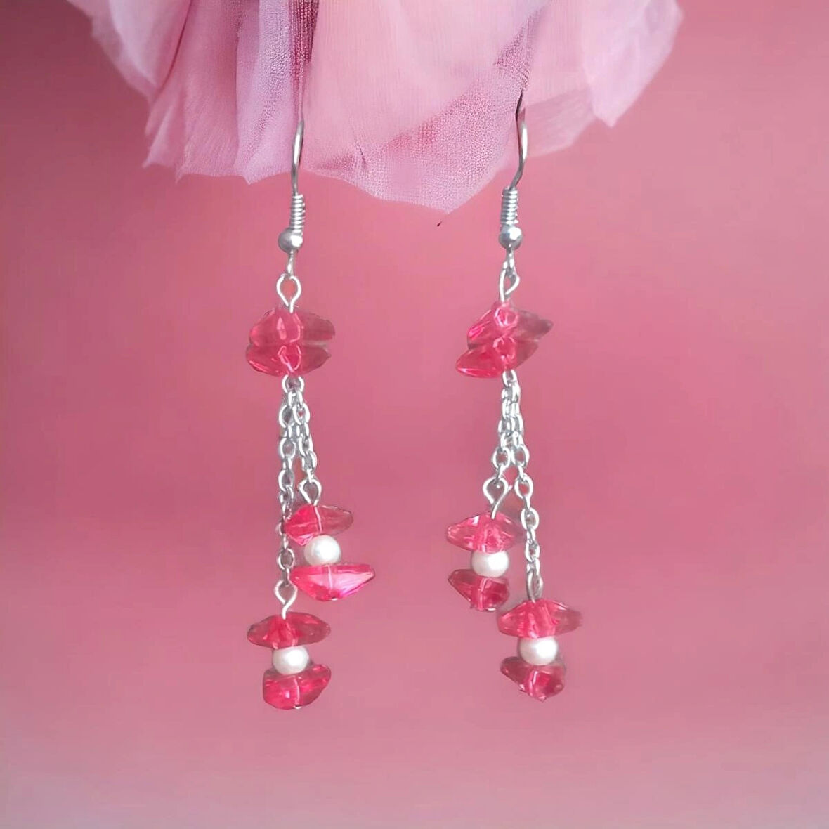 Doğal İnci Üçgen Boncuklu Zincir Sallantılı Tasarım Aesthetic Soft Vibes Vintage Hediyelik Koyu Pembe Renk Küpe