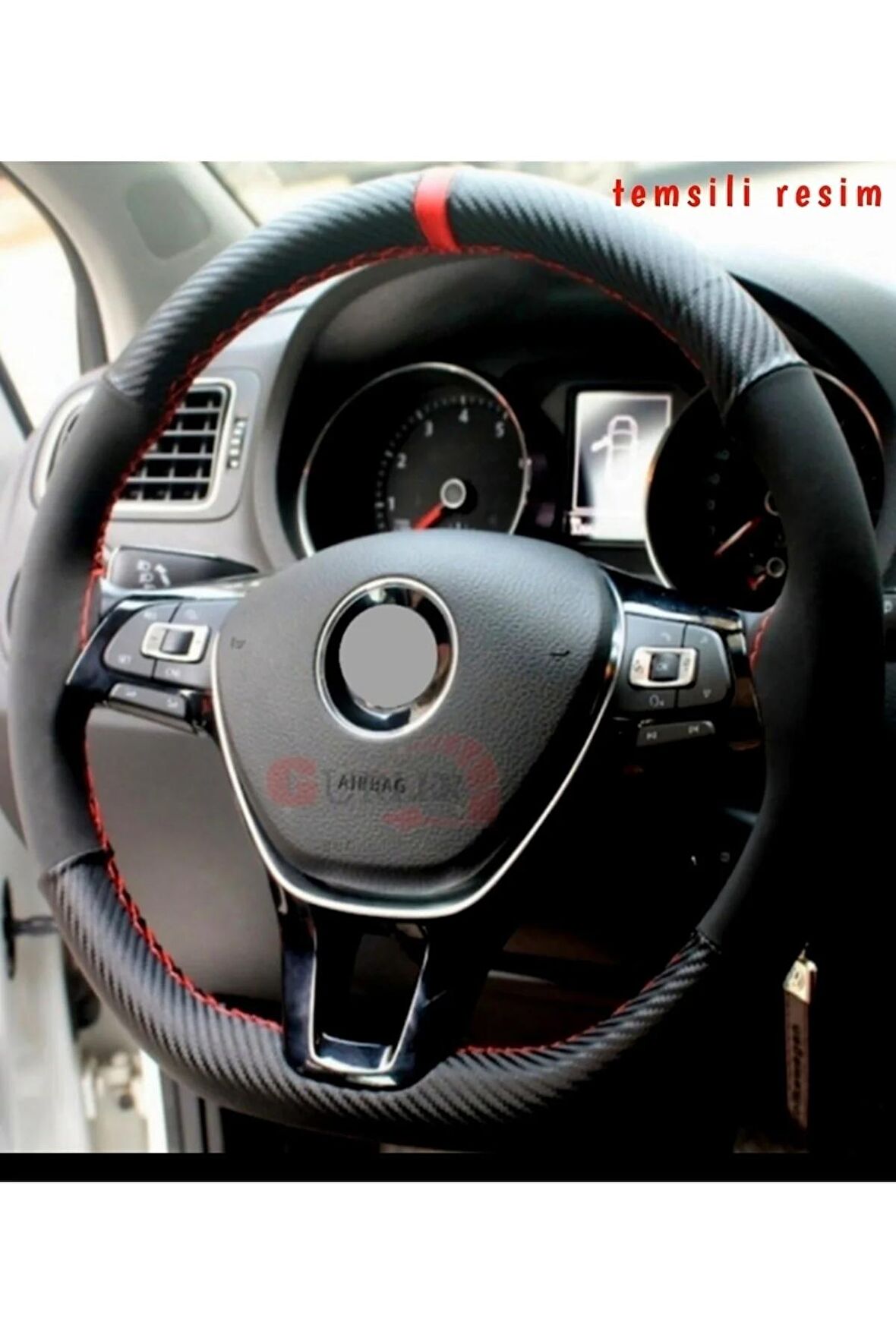 Universal Oto Kırmızı Yüzüklü Alcantara Karbon Oto Dikmeli Direksiyon Kılıfı Nubuk Karbon