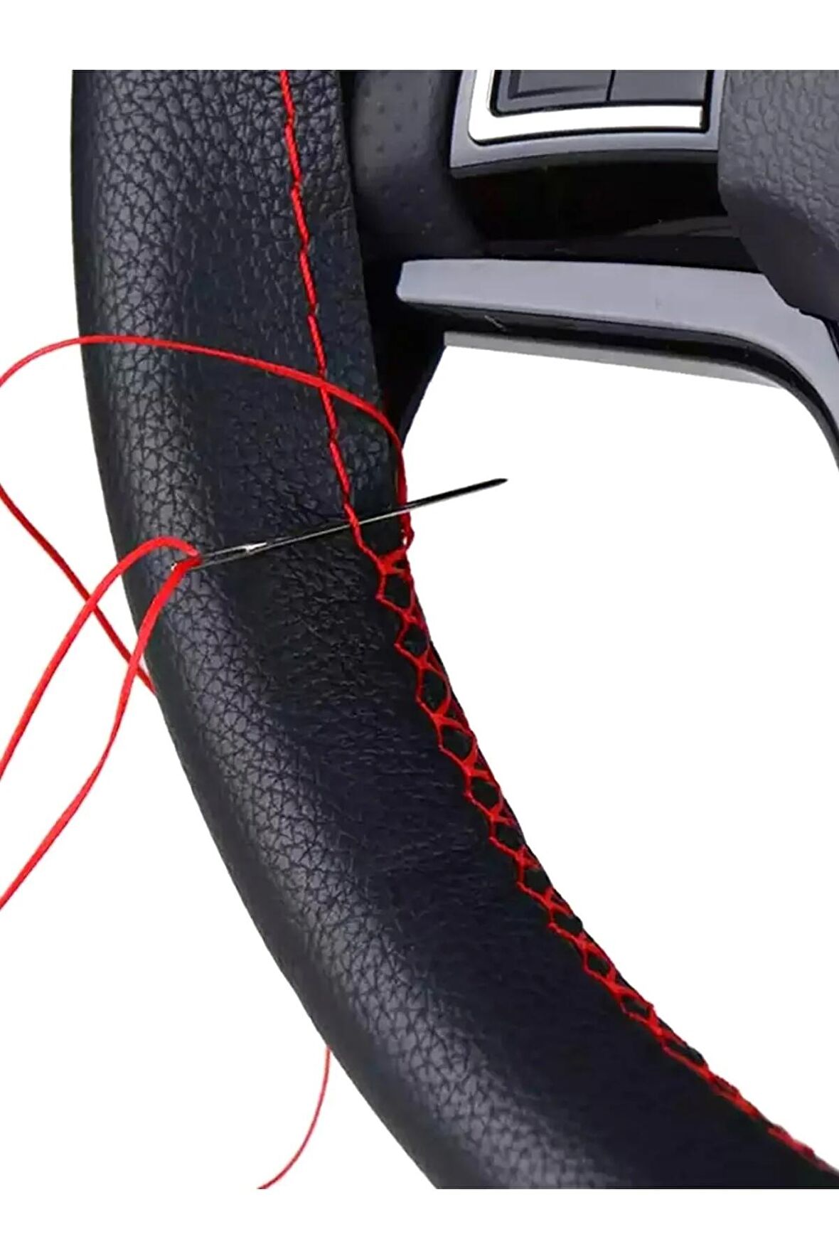 Universal Dikmeli Direksiyon Kılıfı Soft Siyah Deri-kırmızı Ipli (38cm-9cm)