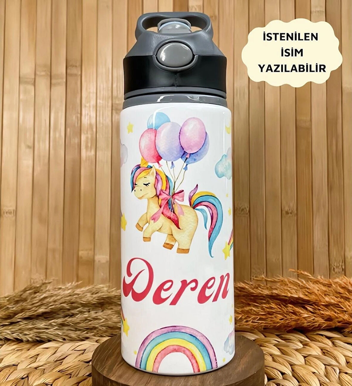 Kişiye Özel İsimli Kız Çocuk Unicorn Pipetli Suluk Matara 650 ml