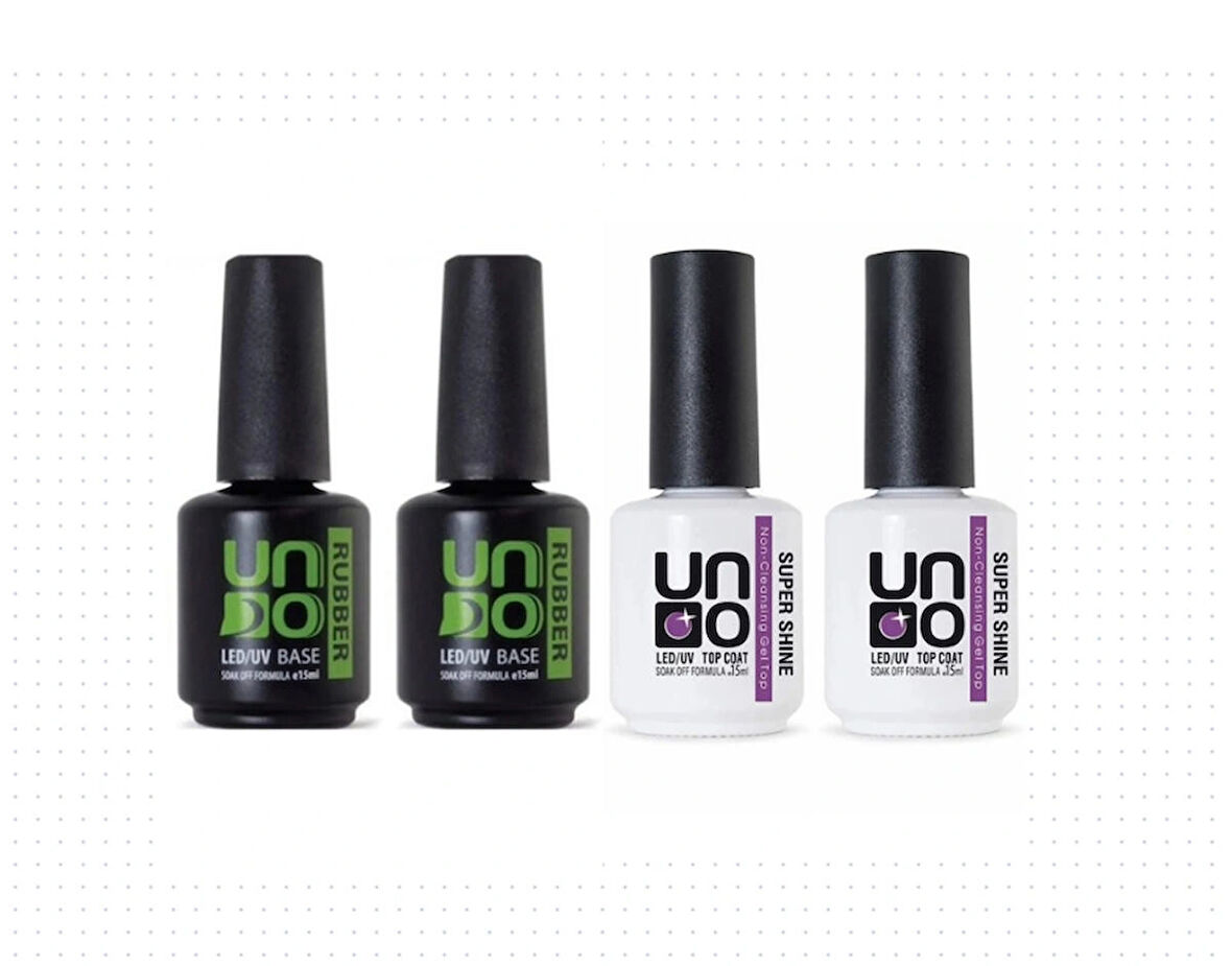 Uno top coat super shine 15 mil x2 , uno rubber base coat 15 ml x2  4 lü set