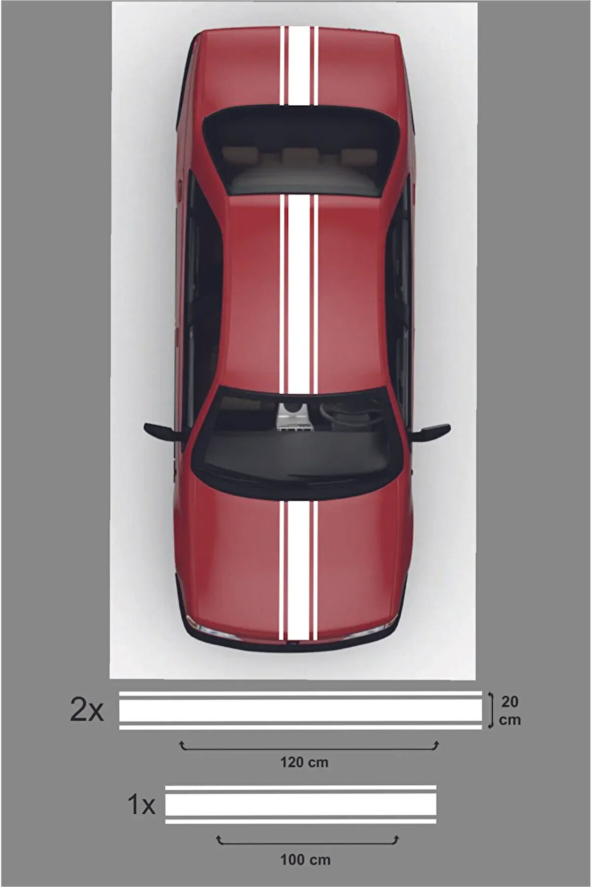 Oto Kaput-Tavan-Bagaj Çift Şerit Sticker 3 Parça 120x20 Cm/2Adet-100x20 Cm/1 Adet