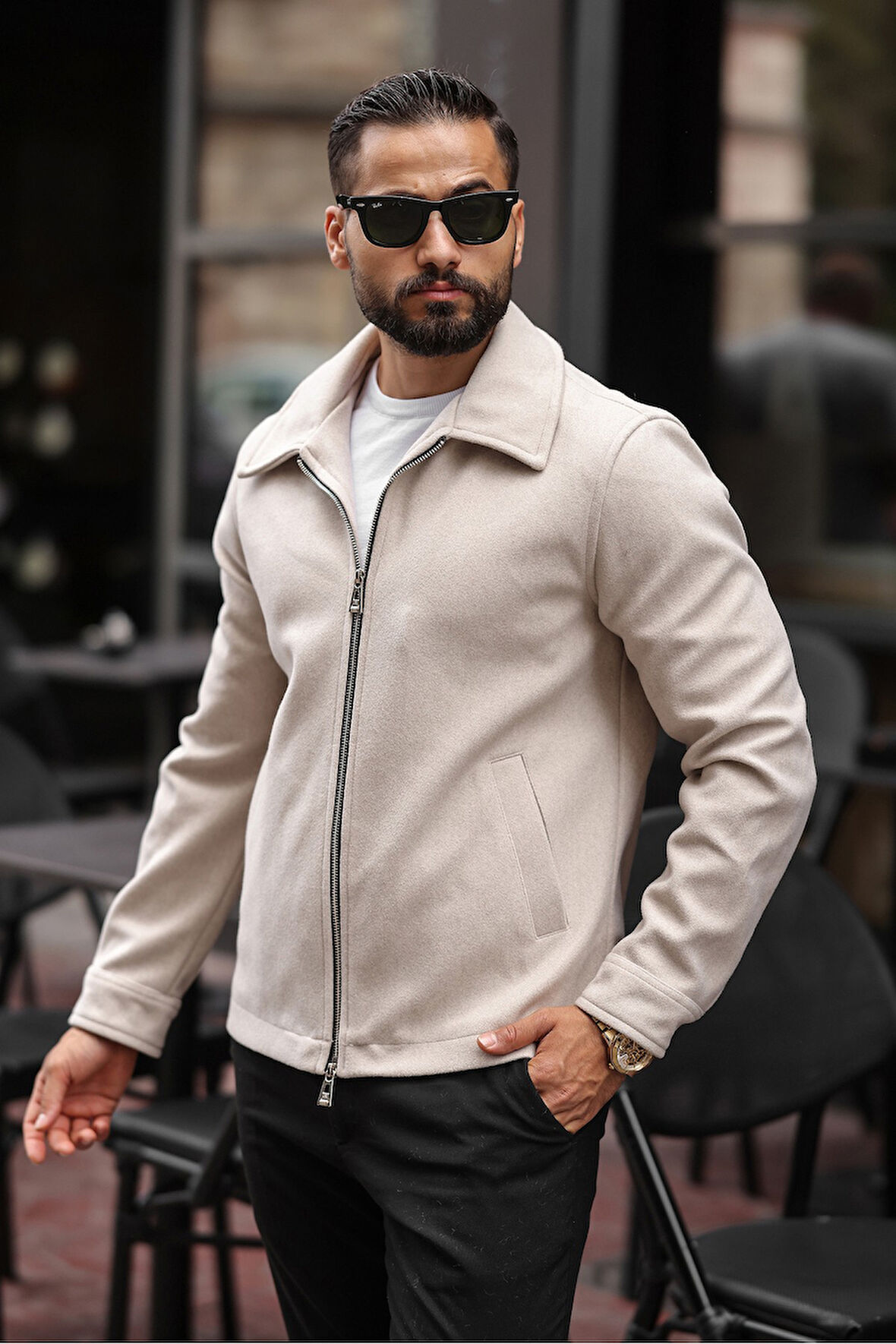 Erkek Çift Fermuar Detaylı Kaşe Ceket