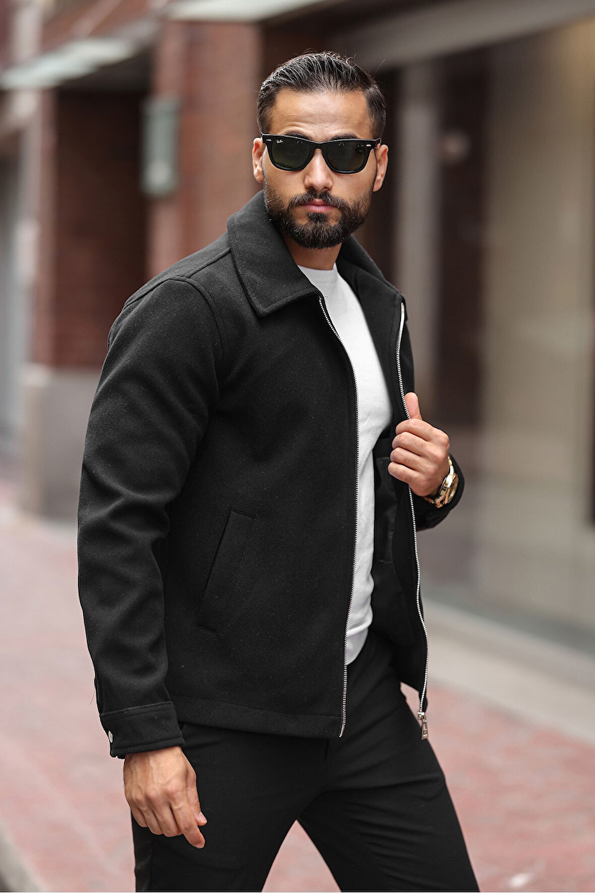 Erkek Çift Fermuar Detaylı Kaşe Ceket