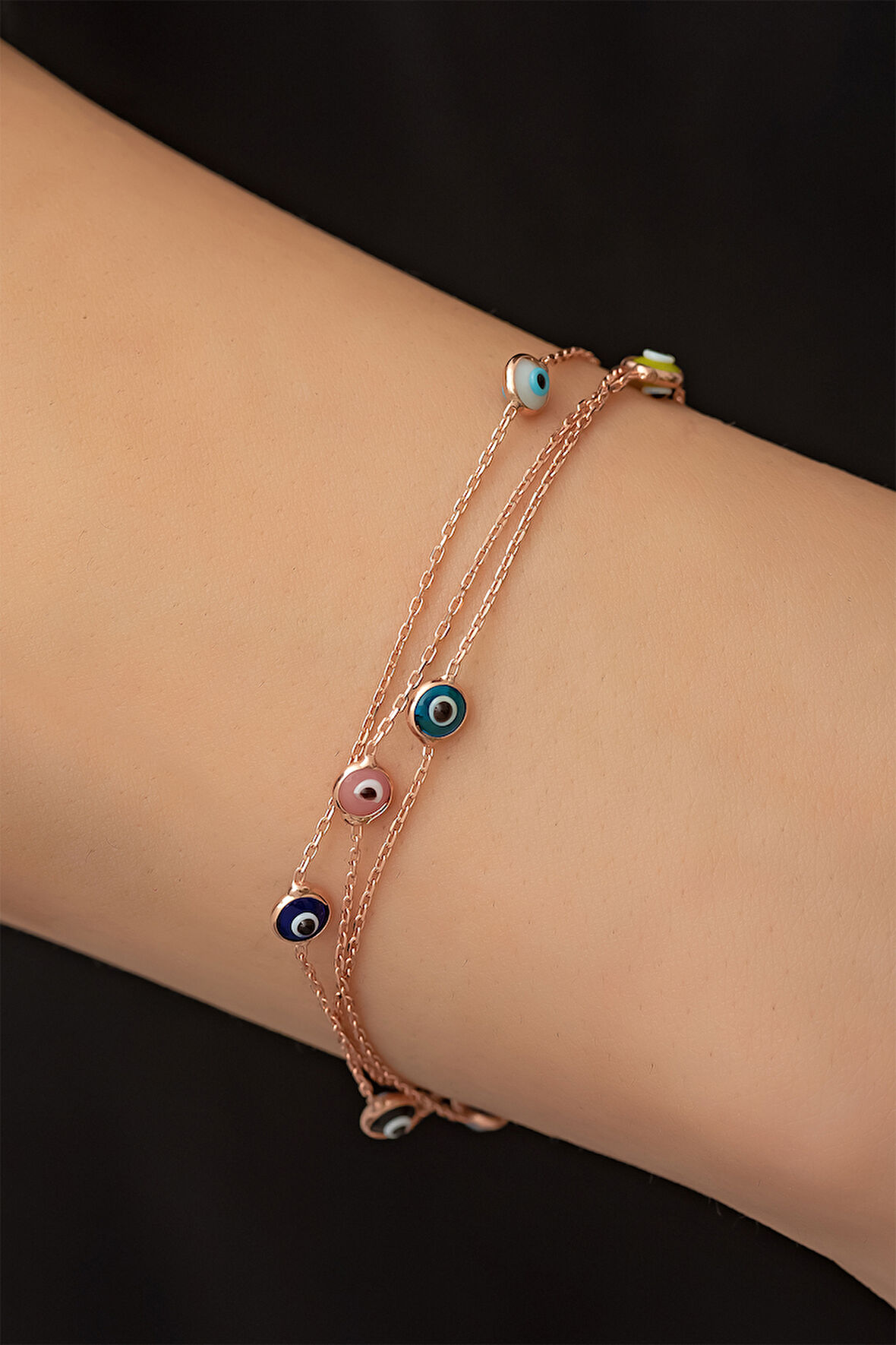 Üç Sıra Renkli Göz Taşlı Tifany Bileklik Rose Altın Kaplama 925 Ayar Gümüş - Uvps200026