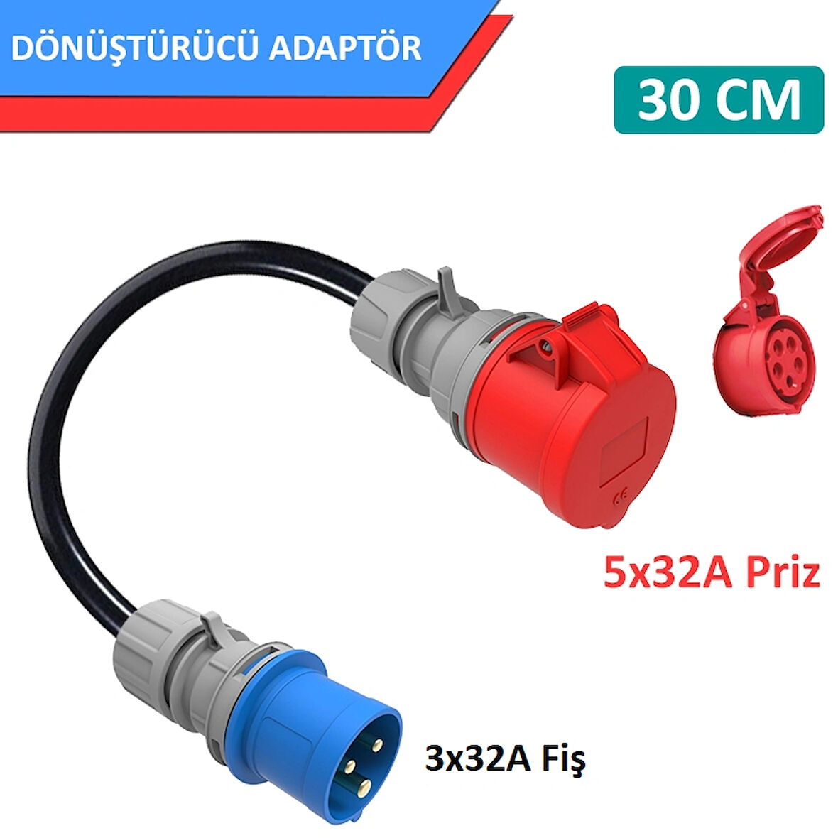 EVwallbox 5x32A Prİz(Kapaklı), 3x32A Fiş Dönüştürücü Adaptör.