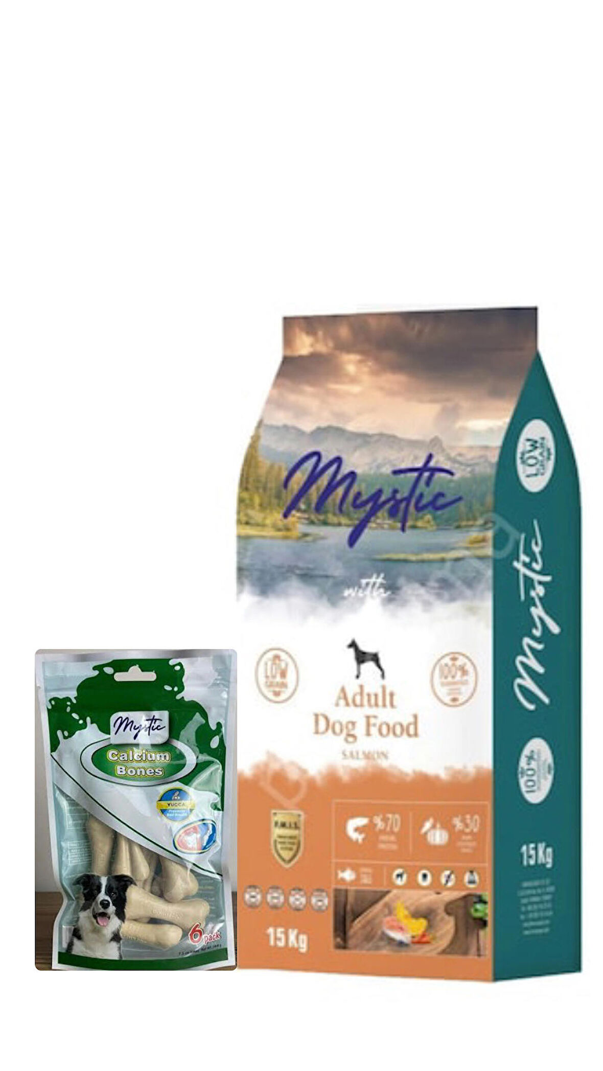 Mystic Az Tahıllı Yetişkin Köpek Maması Somonlu 15 kg + Mystic Calcium Bones Kemik 144 gr Hediyeli