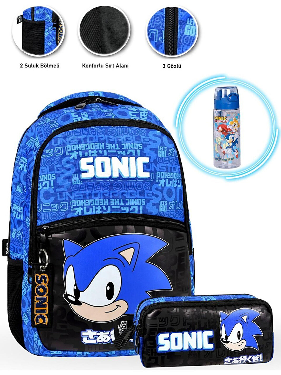 Sonic Okul Çantası+ Kalem Çantası + Su Matarası