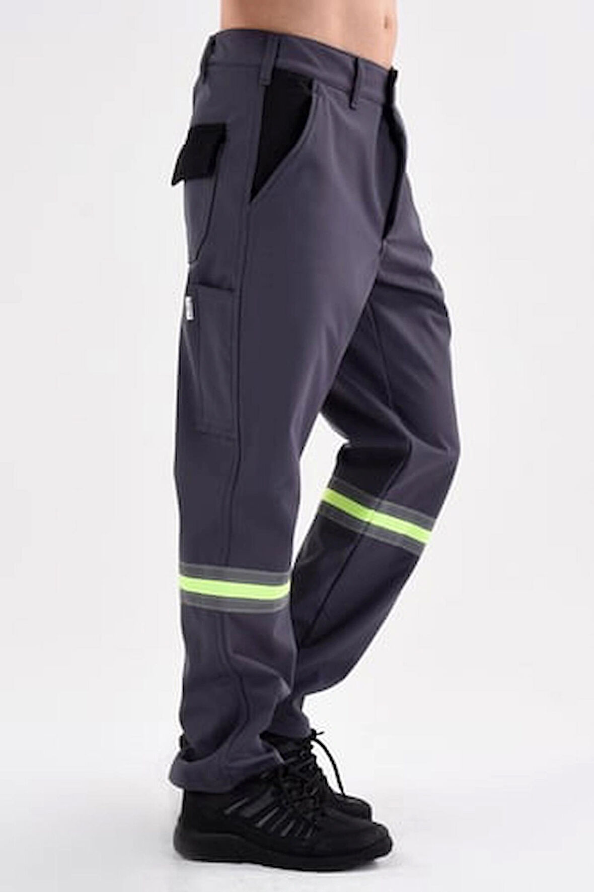 Mualta Softshell Su Kaydırıcı Rüzgar Geçirmez Pantolon Gri 5 Cepli Fosforlu Likralı 