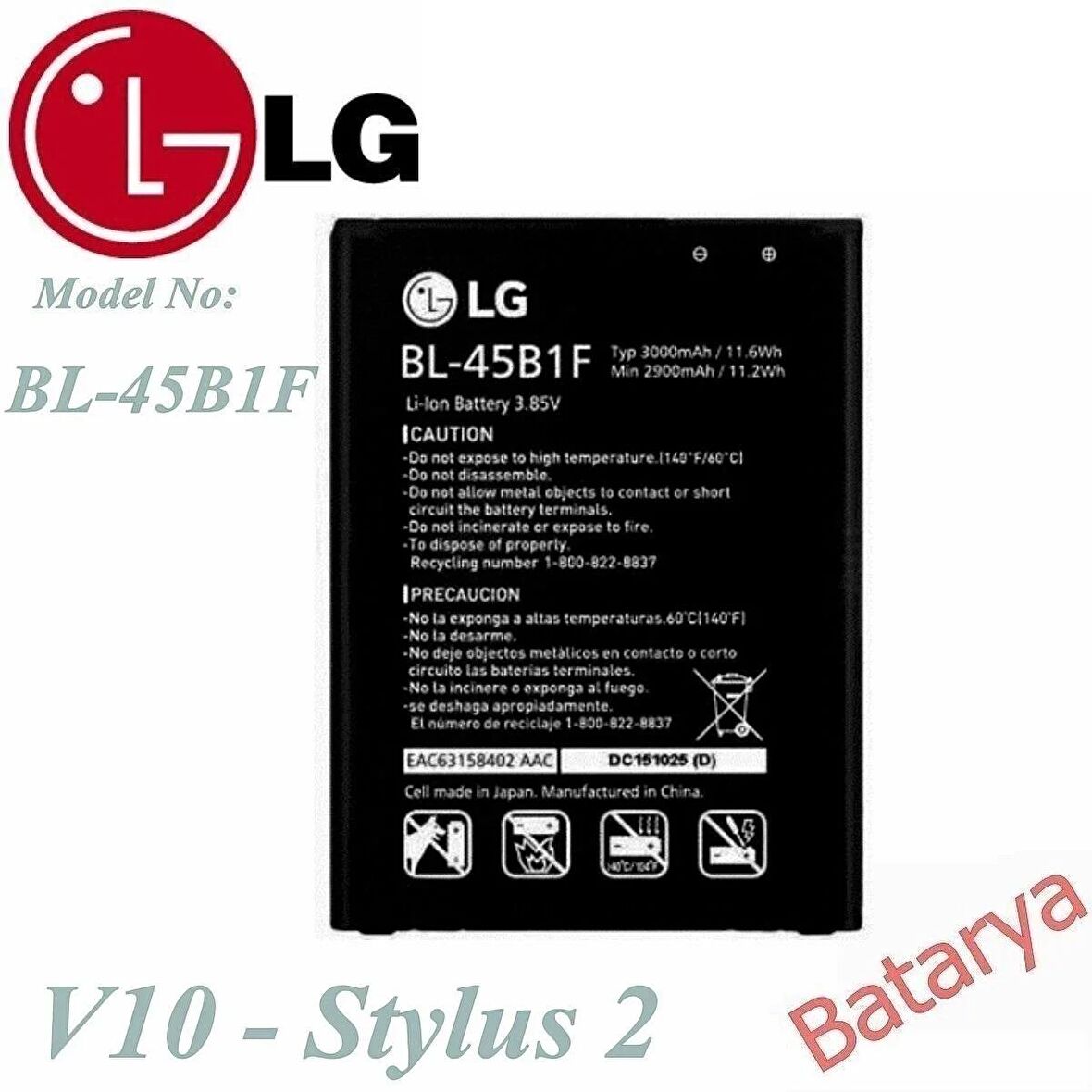 LG V10 Batarya LG Stylus 2 BL-45B1F Uyumlu Yedek Batarya