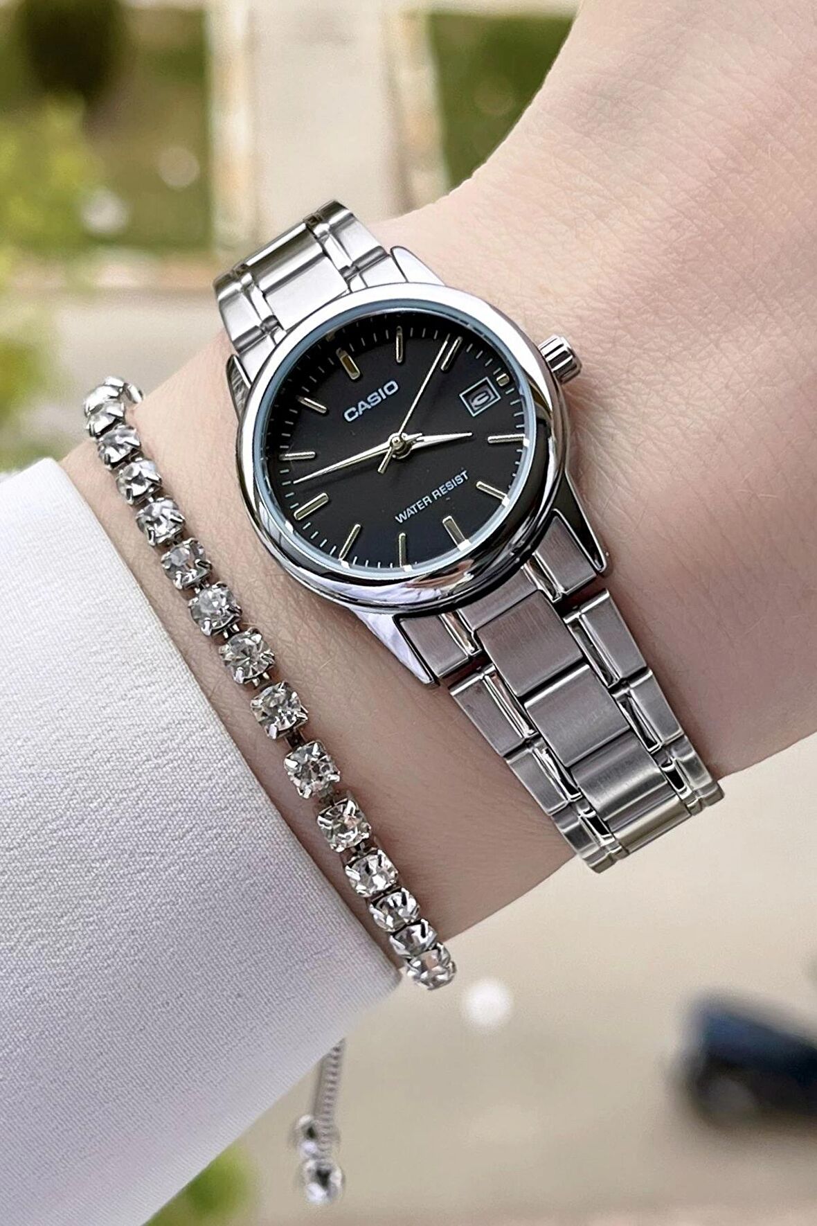 Casio CSISTE21 Kadranı Siyah Kordonu Gümüş Renk Hediye Paketli Kadın Kol Saati ve Bileklik