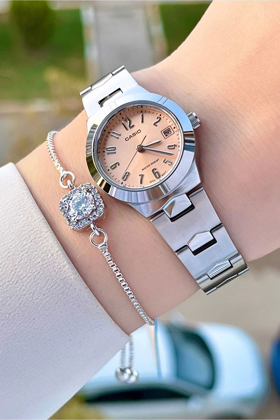 Casio CSISTE90 Kadranı Pudra Kordonu Gümüş Renk Hediye Paketli Kadın Kol Saati ve Bileklik