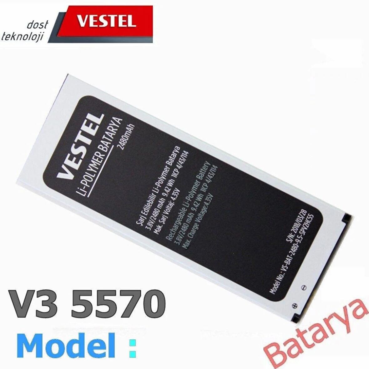 Vestel V3 5570 Batarya Vestel Venüs 5570 Uyumlu Batarya  Uyumlu Marka         : Vestel Uyumlu Modeller :  5570 / Venüs 5570  Garanti                   : 6 Ay Üretim Yılı             : Yeni tarihli gönderim yapılacaktır. Not                          :