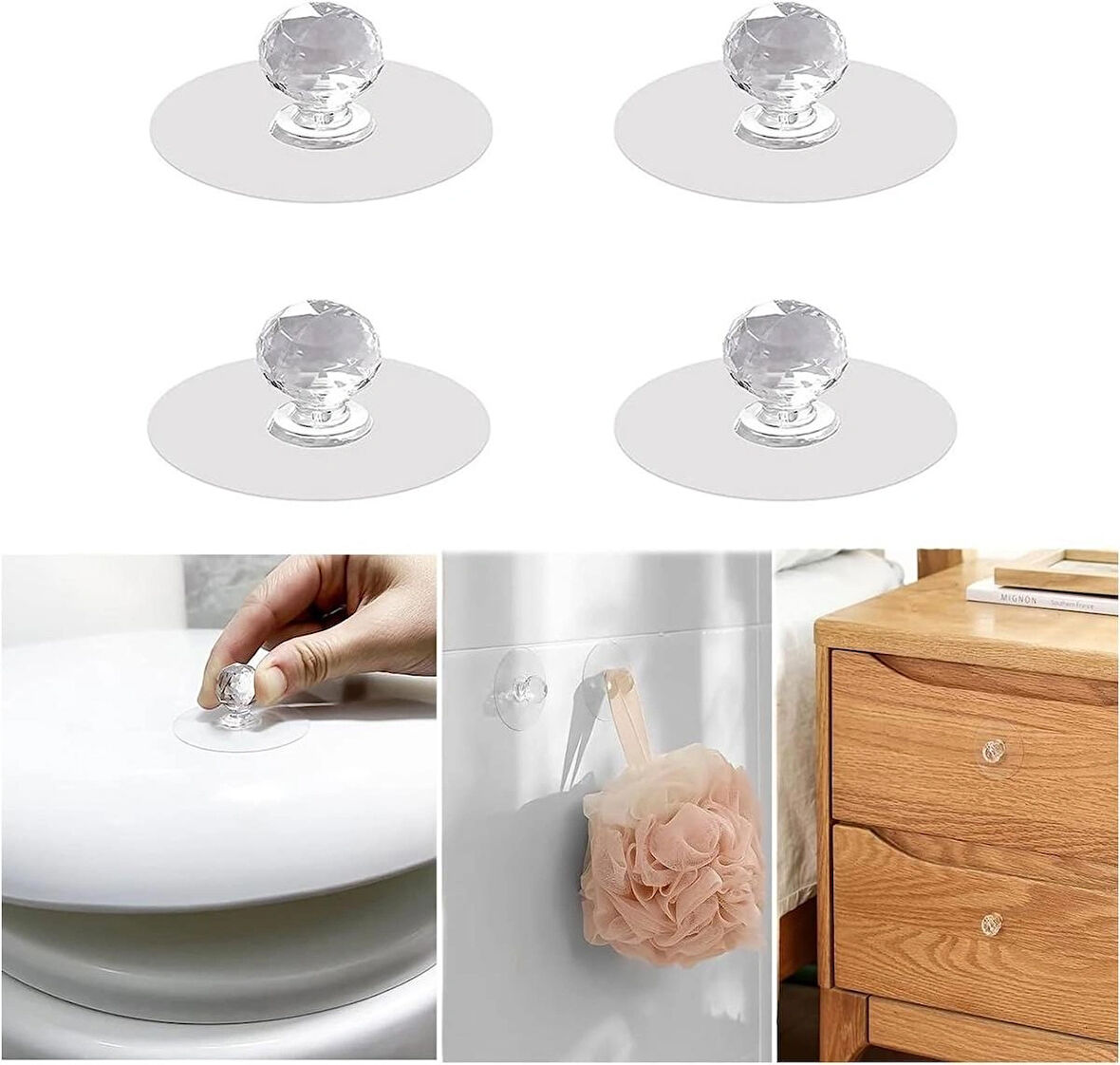 Microcase Kendinden Yapışkanlı Kristal Topuzlu Çekmece Raf Dolap Pencere vb için Tutacak Kulp- ŞEFFAF AL4760 4 Adet