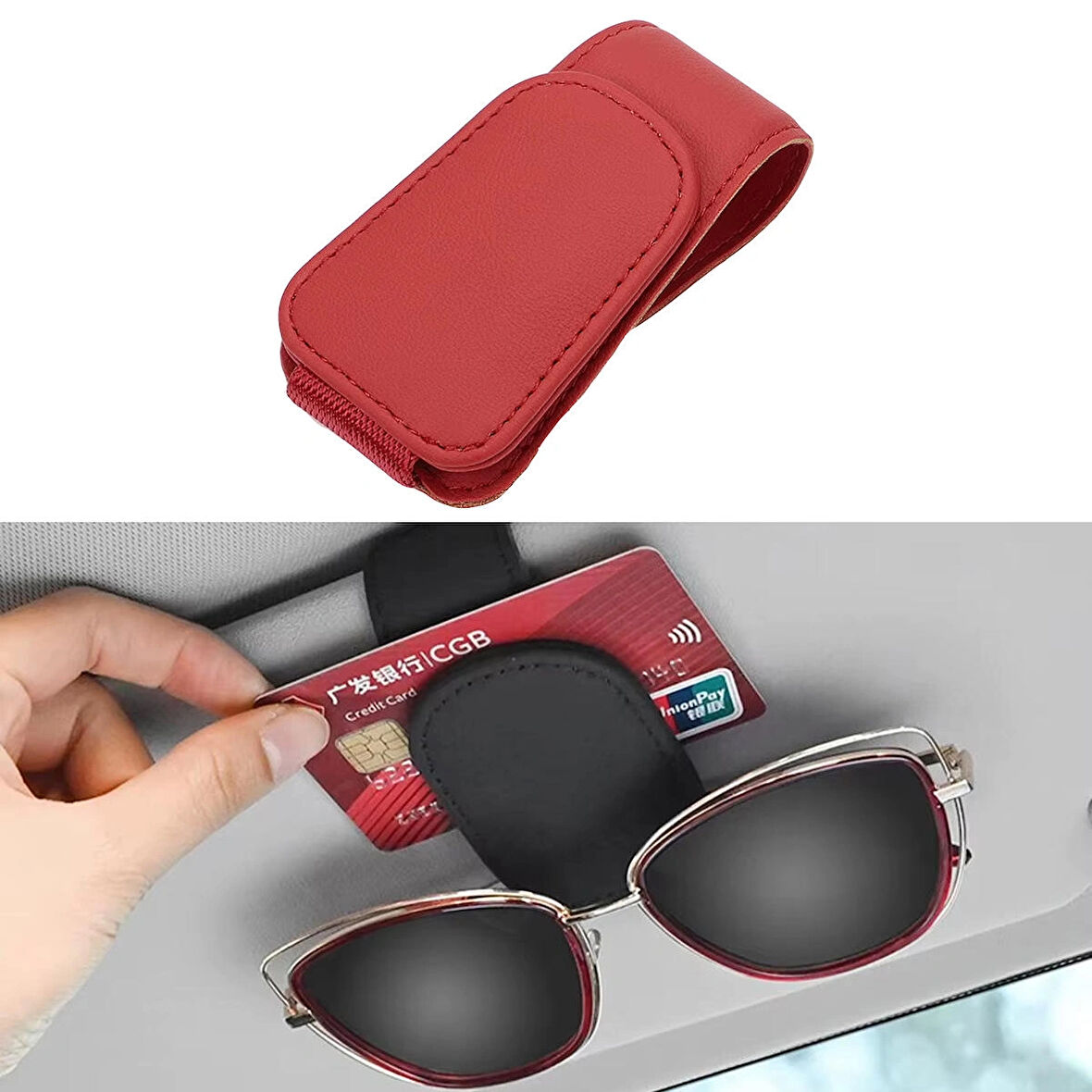 Microcase Universal Suni Deri Oto Güneş Gözlük Tutucu Askılık Mıknatıslı - KIRMIZI AL5240