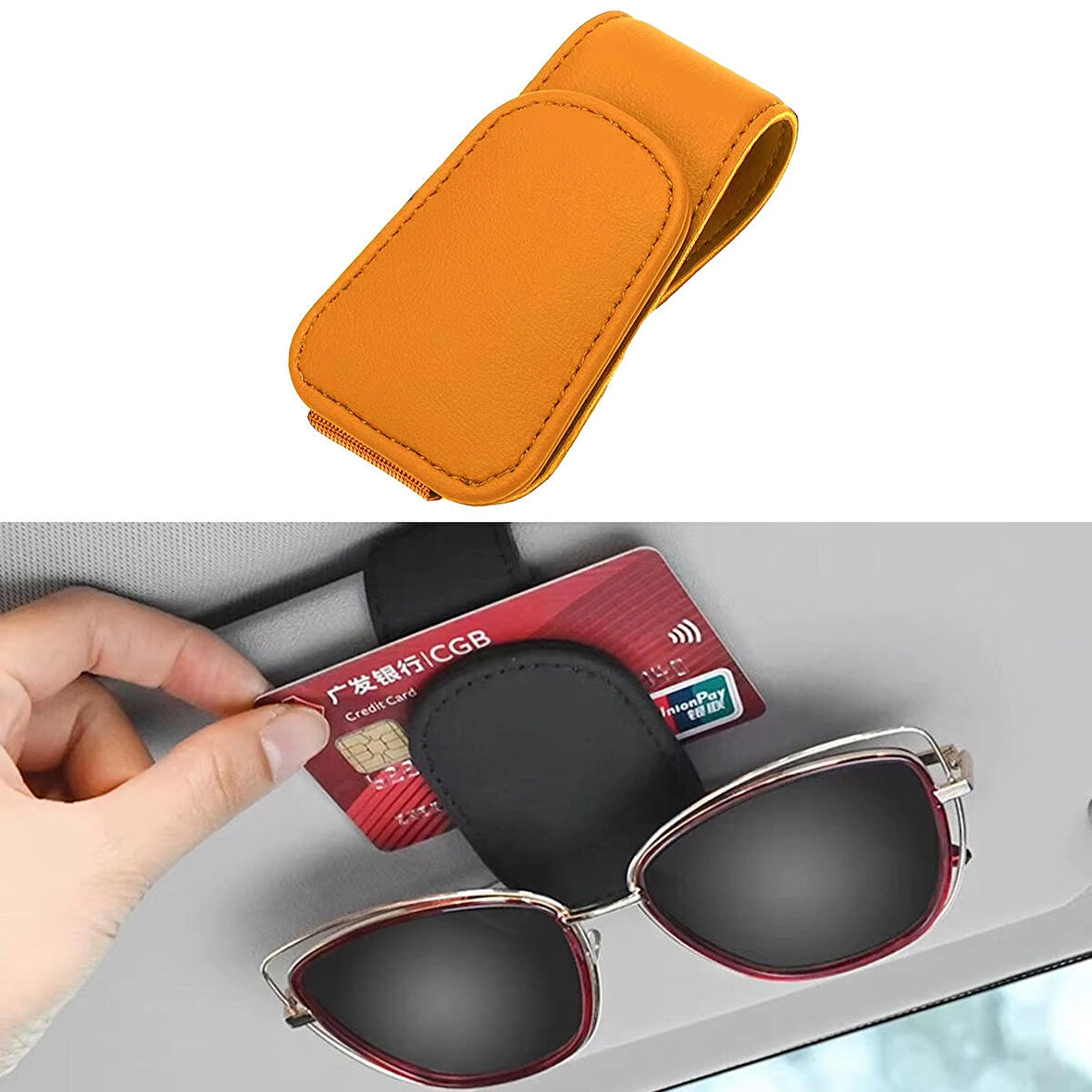 Microcase Universal Suni Deri Oto Güneş Gözlük Tutucu Askılık Mıknatıslı - TURUNCU AL5240