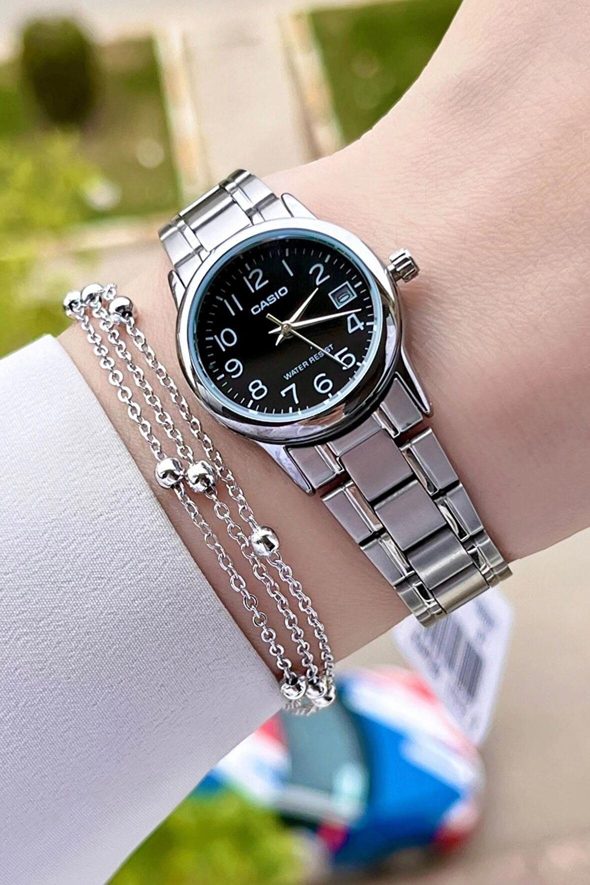 Casio CSISTE23 Kadranı Siyah Kordonu Gümüş Renk Takvimli Hediye Paketli Kadın Kol Saati ve Bileklik