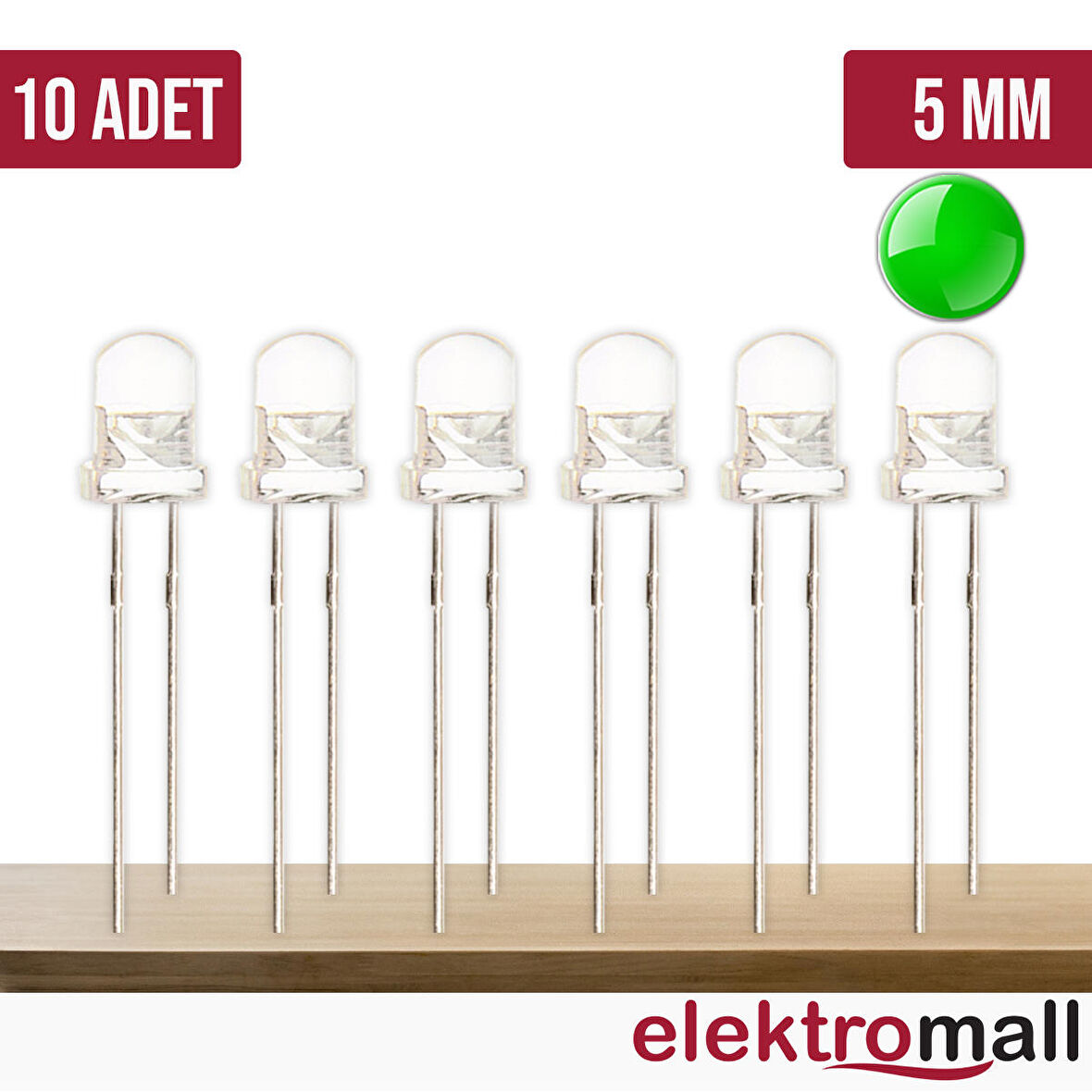 5mm Yeşil Şeffaf Led - 10 Adet