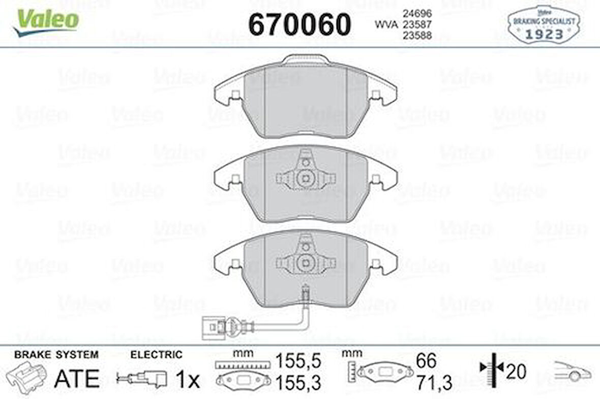 Valeo 670060 Fren Balatası Ön Fişli Golf IV 97-Golf V 03-Golf VI 08-Polo V 09-Eos 06-Jetta III 05-Jetta Iv 3C0698151C