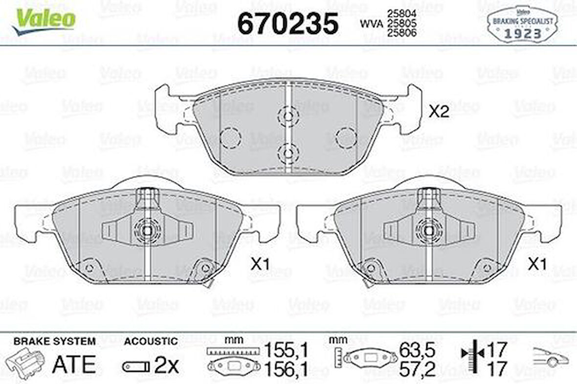 Valeo 670235 Fren Balatası Ön Honda Accord 2008-2013 Honda Civic Hatchback 2012- 45022TV0E02