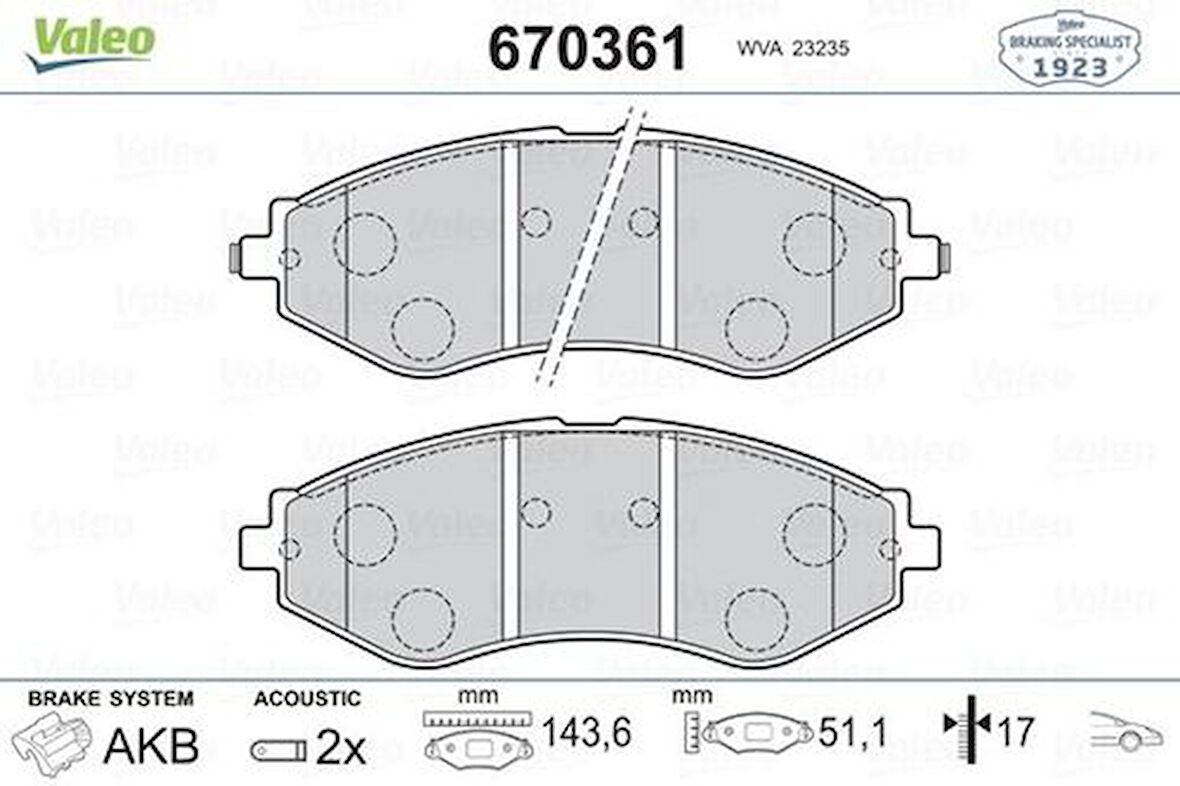 Valeo 670361 Ön Balata Fişli Nubira 1.6 2.0Cd97-99-Leganza 2.0 2.2 97-02 Rezzo 1.6 2.0 05 96245178