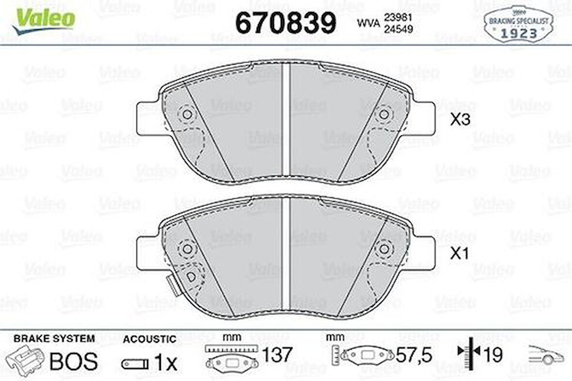 Valeo 670839 Disk Fren Balatası Ön Fiat 500L 10.12- 1605354