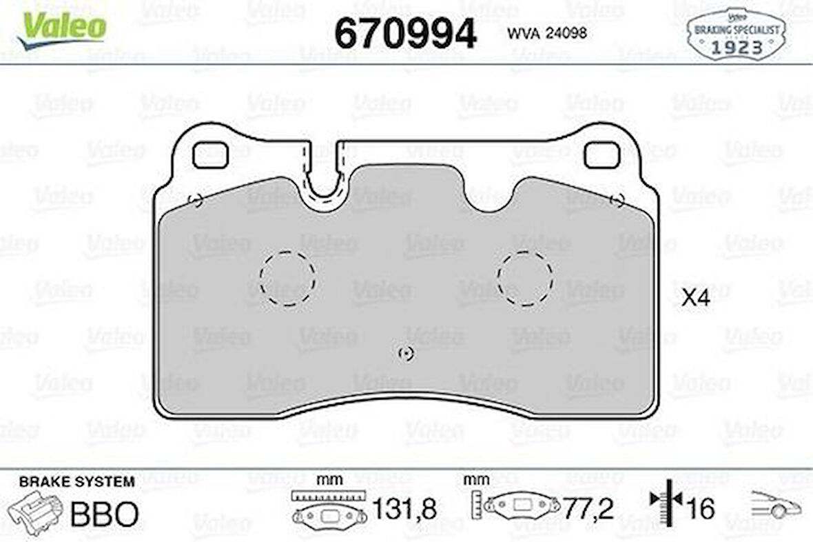 Valeo 670994 Ön Balata Touareg 3.0 V6 TDI-3.2 V6-3.6 V6 FSI 06 05 Audi TT 09 Range Rover III Sport 05 8J0698151E