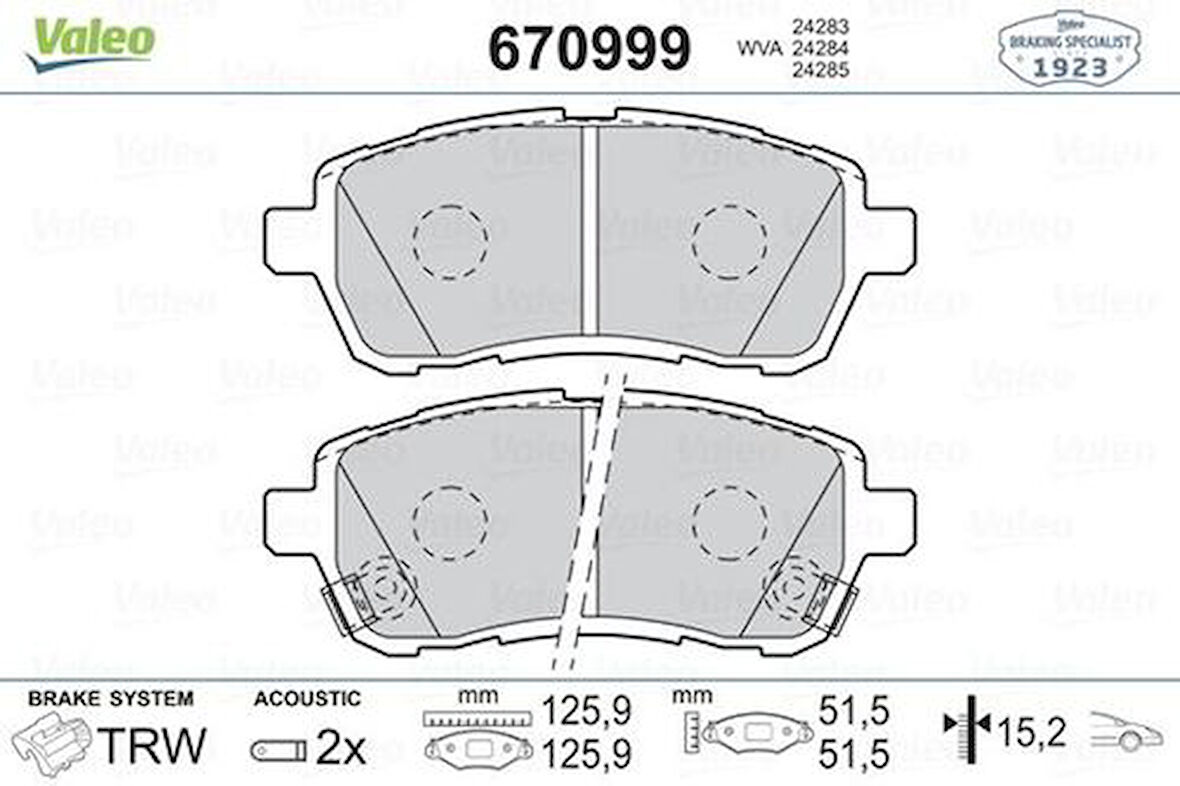 Valeo 670999 Ön Fren Balatası Materia M4 1.3 1.5 1.5 Eco 4WD 10 06-Fiesta VI 08-Gdb1893 8V512K021AB