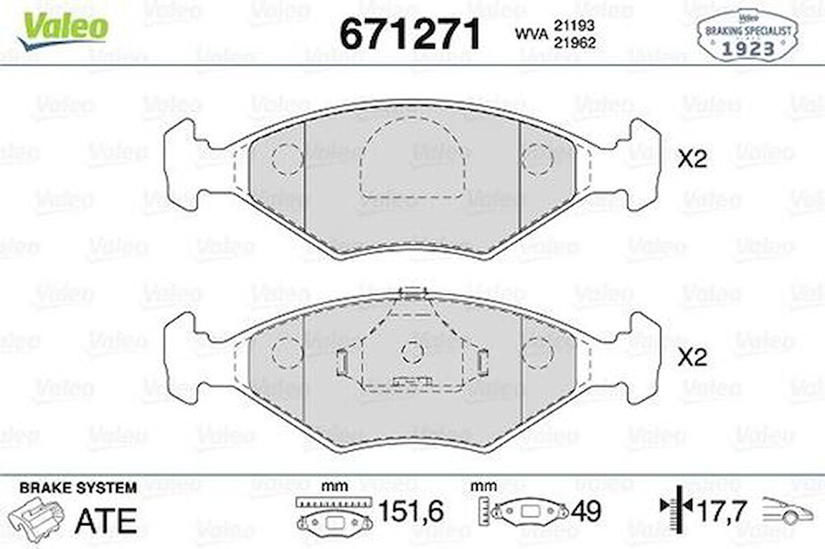 Valeo 671271 Ön Disk Fren Balatası Fiat Elba Csl 1.4 1.6 06 92-08 97 Fiat Fiorino 1.4 1.6 1.7D 01 88-05 01 77362315