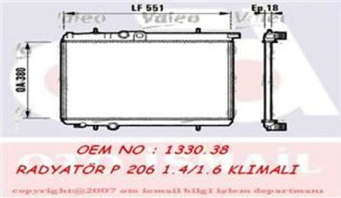 Valeo 732886 Motor Su Radyatörü 206 206 T3E 1.1L 1.4L 1.6 16V 98-Klimalı Ölçü 380x551.3x18 133038 1330.H5