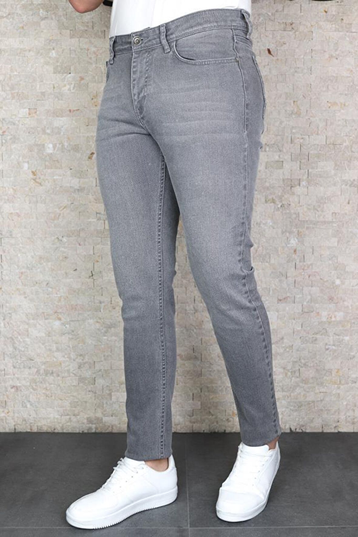 Erkek Gri Slim Fit Dar Kesim Esnek Likralı Denim Jeans Kot Pantolon HLTHEVALGREY-A