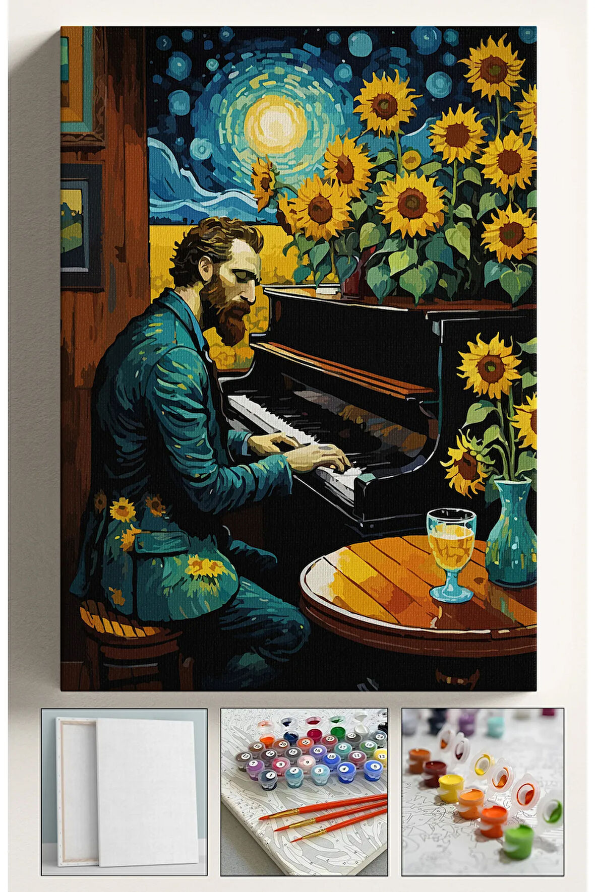Sayılarla Boyama Tuval Seti Fırça Boya Dahil (Çıtalı) 40x50 CM - Vincent van Gogh Piano