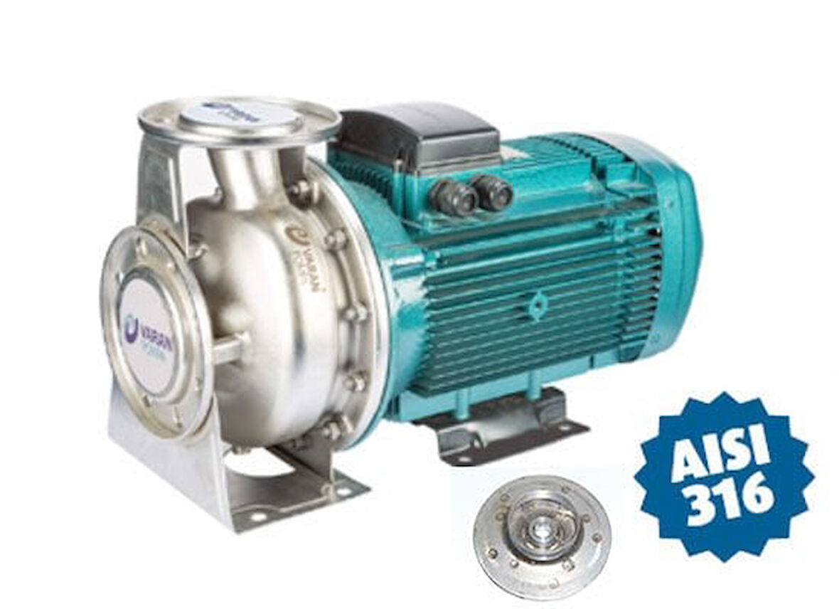Varan CA65-50-200/7.5T Komple Paslanmaz AISI 304 Kapalı Fanlı Santrifüj Pompa Trifaze 10 Hp 42 mss 60 m³/h