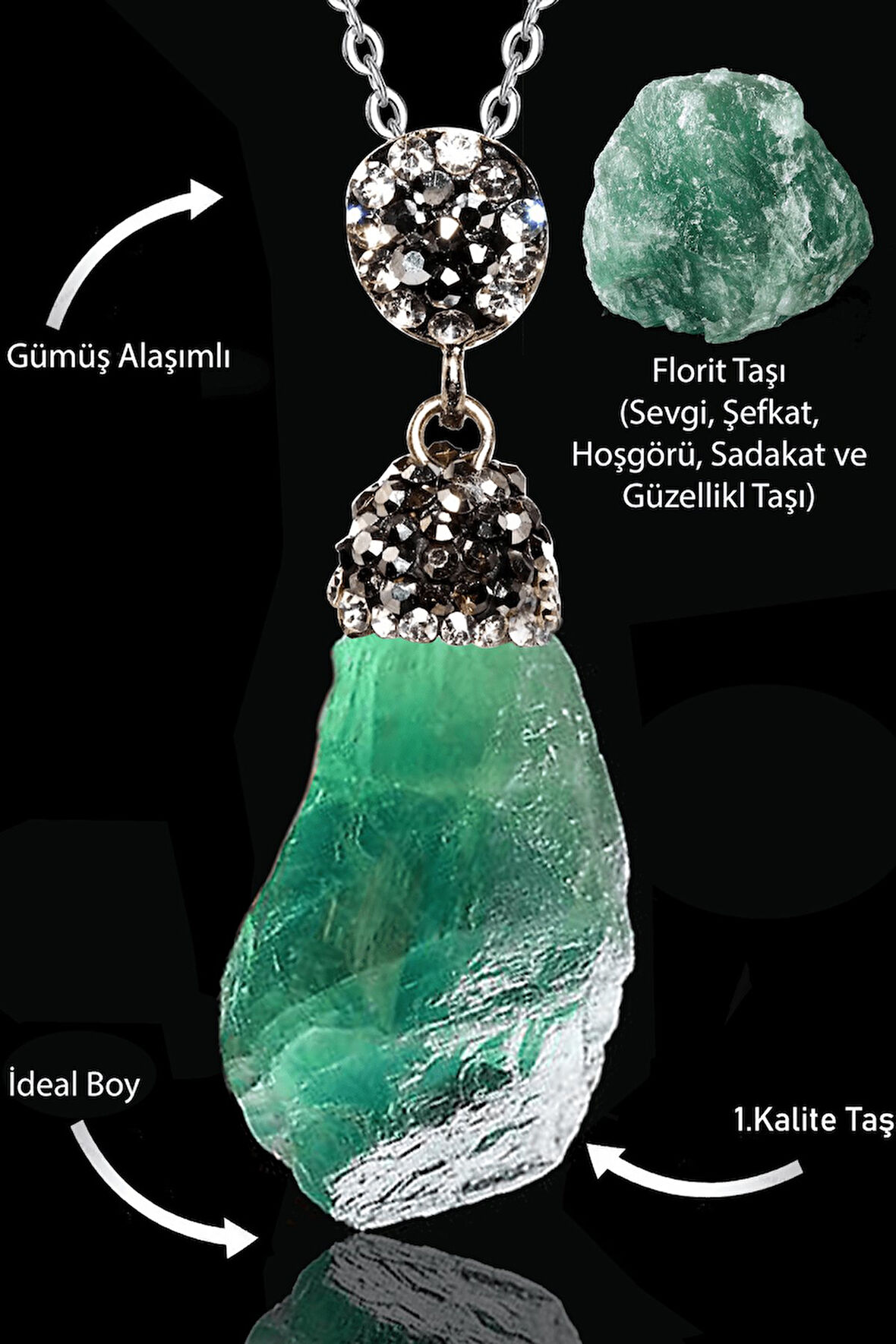 Sertifikalı Zirkon Taşlı Ham İşlenmemiş Yeşil Florit Taşı Kolye
