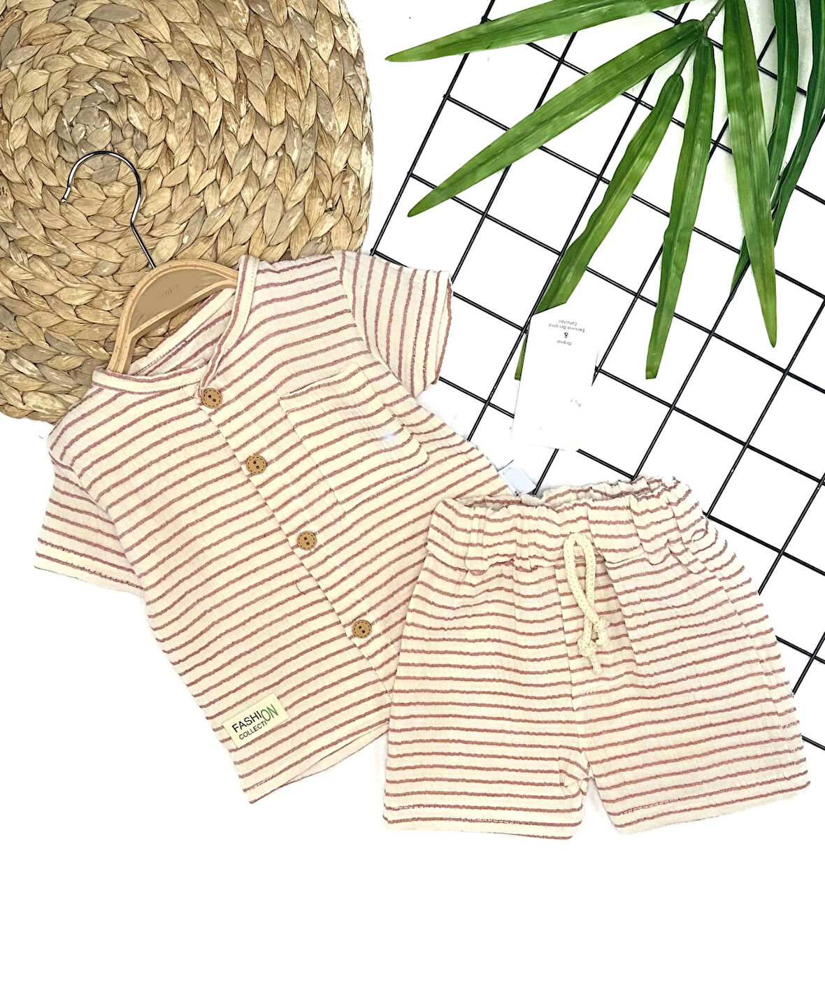 9-12-18-24 Ay Düğme Detaylı Çizgili Müslin Kumaş Yazlık 2li Erkek Bebek Takımı