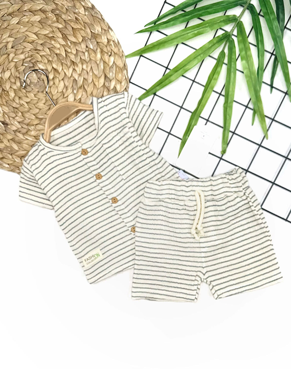 9-12-18-24 Ay Düğme Detaylı Çizgili Müslin Kumaş Yazlık 2li Erkek Bebek Takımı