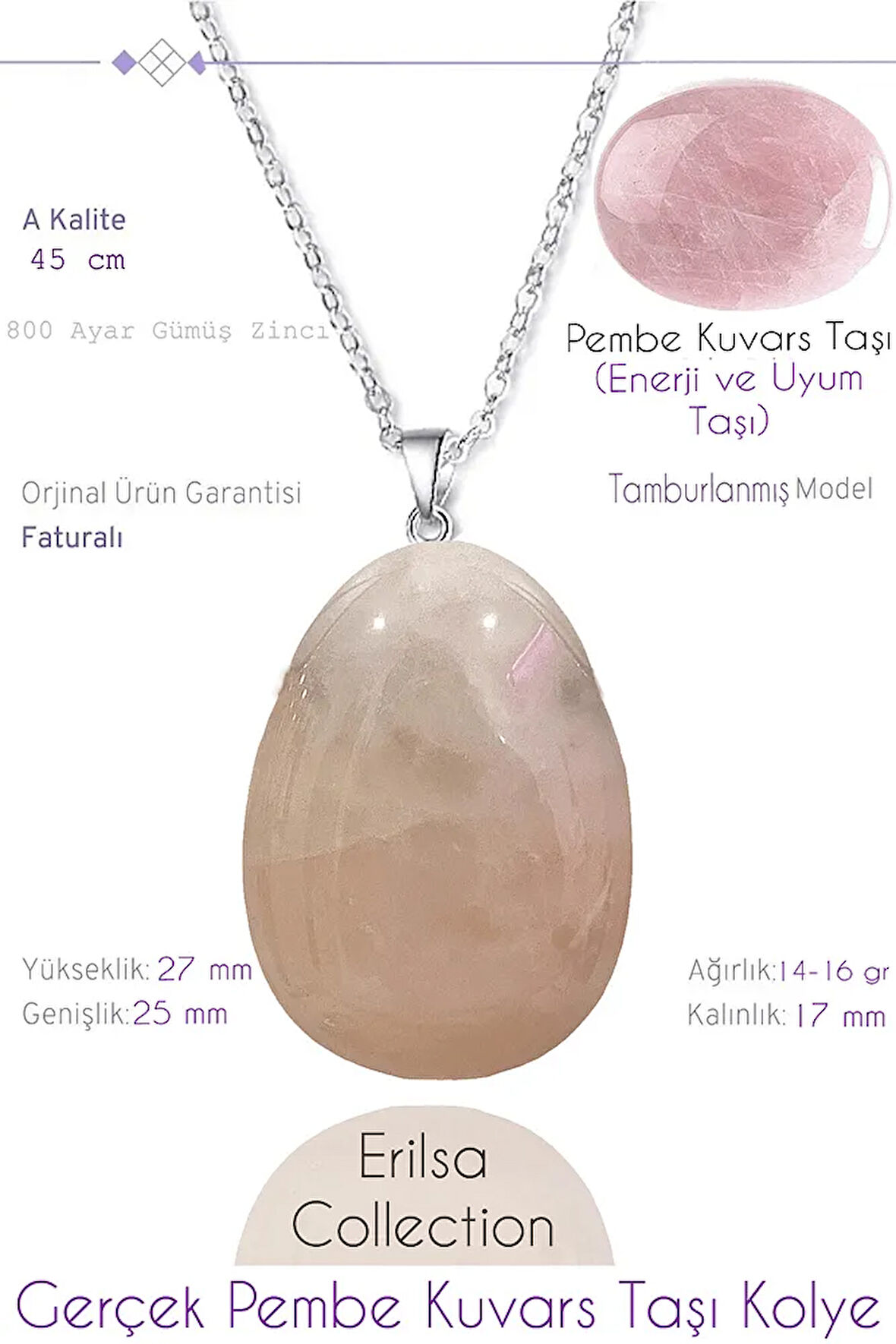 Sertifikalı Tımbıl Model Pembe Kuvars Taşı Kolye