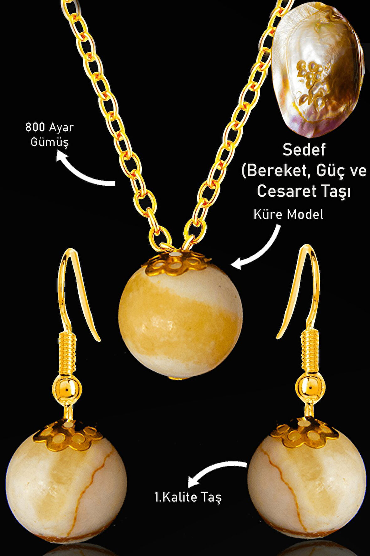Sertifikalı Gold Küre Model Sedef Taşı Kolye ve Küpe Seti - Gümüş Aparatlı