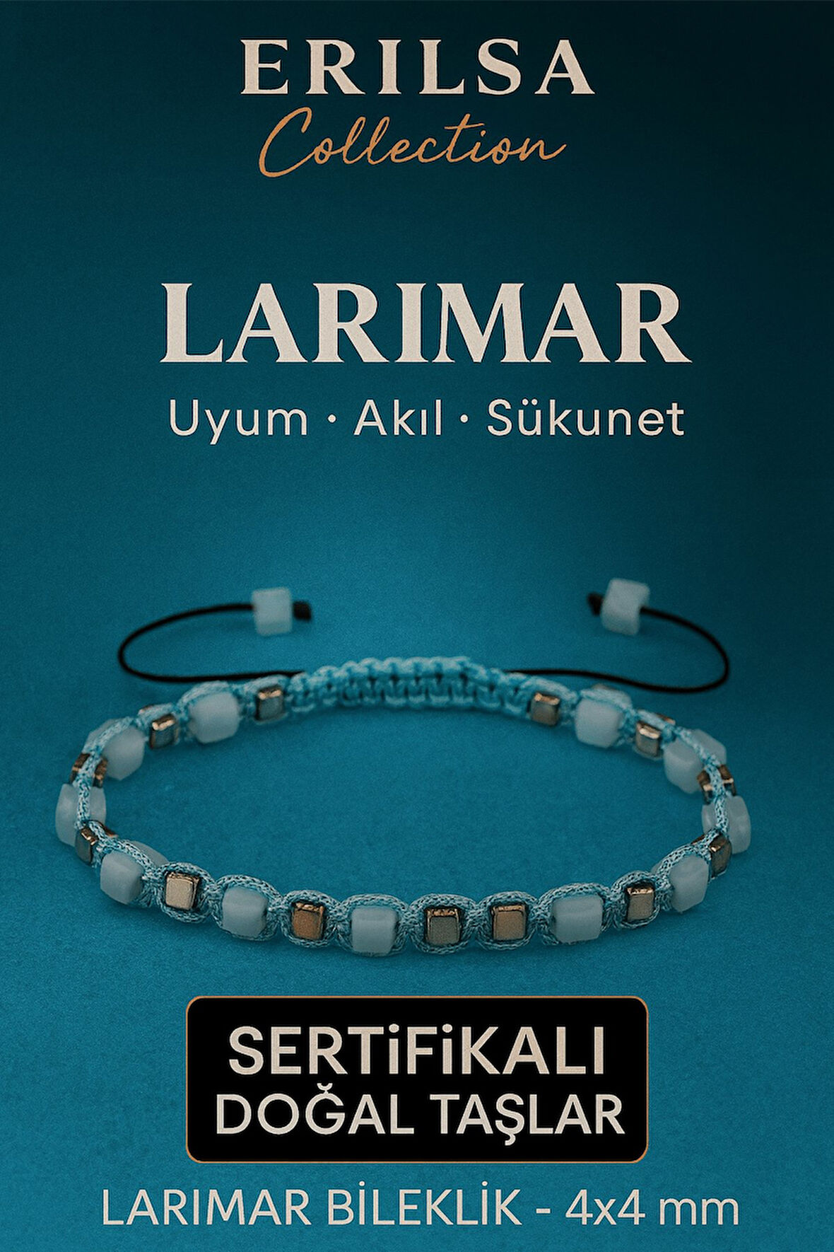 Sertifikalı Doğal Terahertz - Larimar Taşı Bileklik 4x4 mm - Uyum Sakinlik ve Şifa Taşı