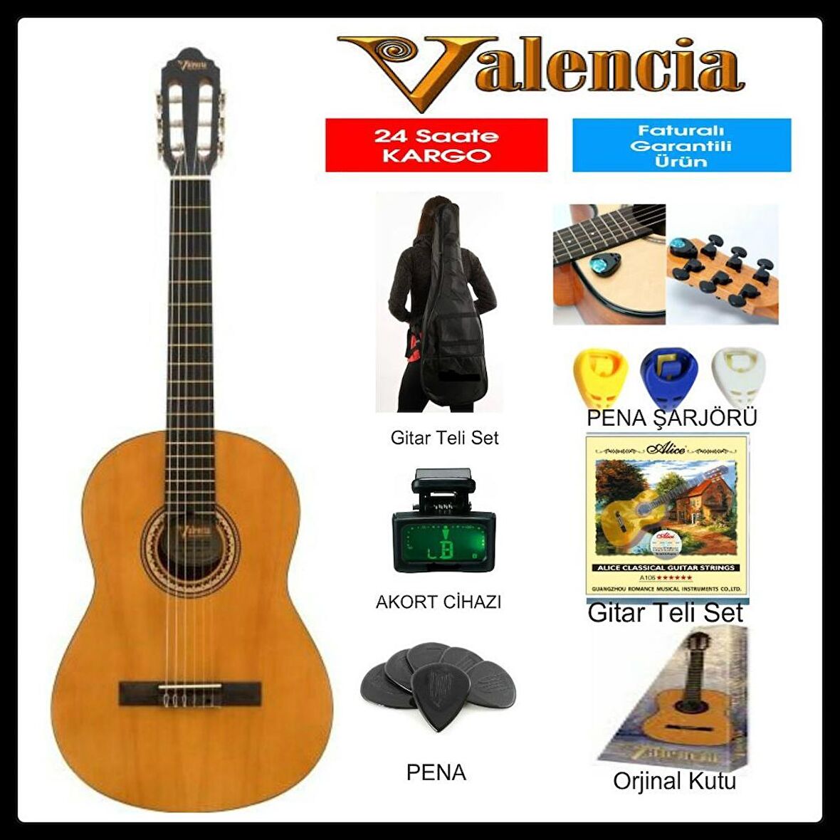 Valencia Vc204 4/4 Klasik Gitar + Kılıf + Pena + Akort Cihazı Naturel