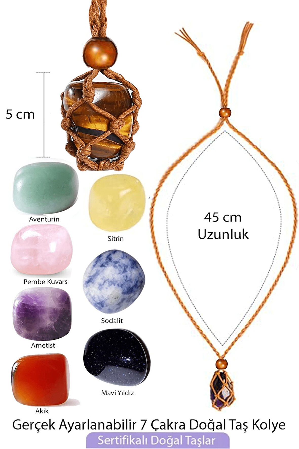Sertifikalı Şifa Seti Makrome Örgülü 7 Çakra Doğal Taş Kolye Ayarlanabilir - Kahve