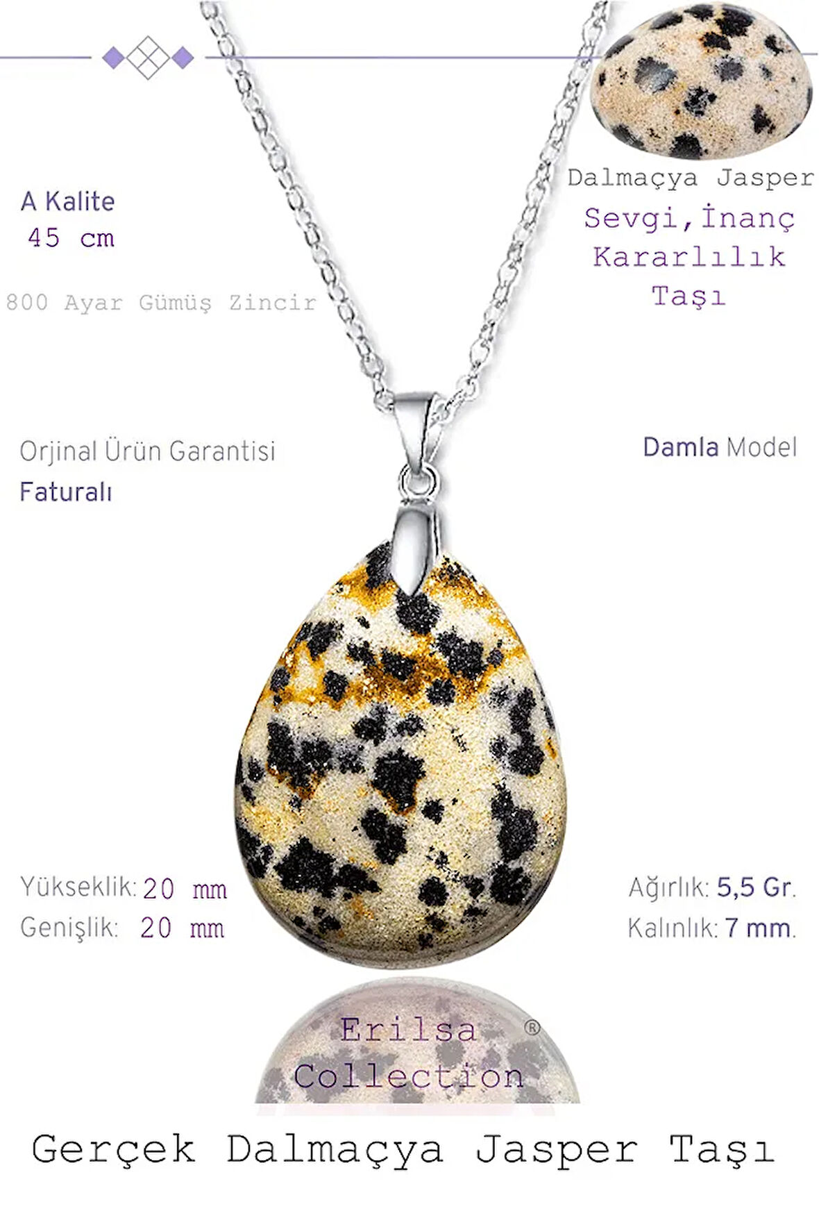 Sertifikalı Damla Model Dalmaçya Bıldırcın Jasper Taşı Kolye (Gümüş Aparatlı)